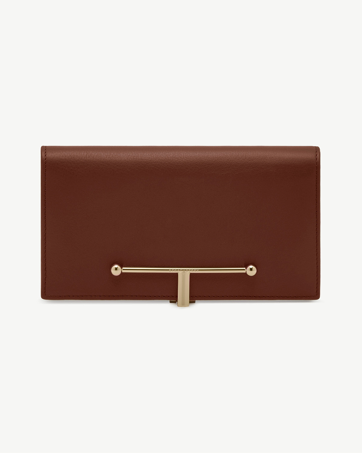 Walnut leather large Melville Street wallet with gold T-bar clasp.