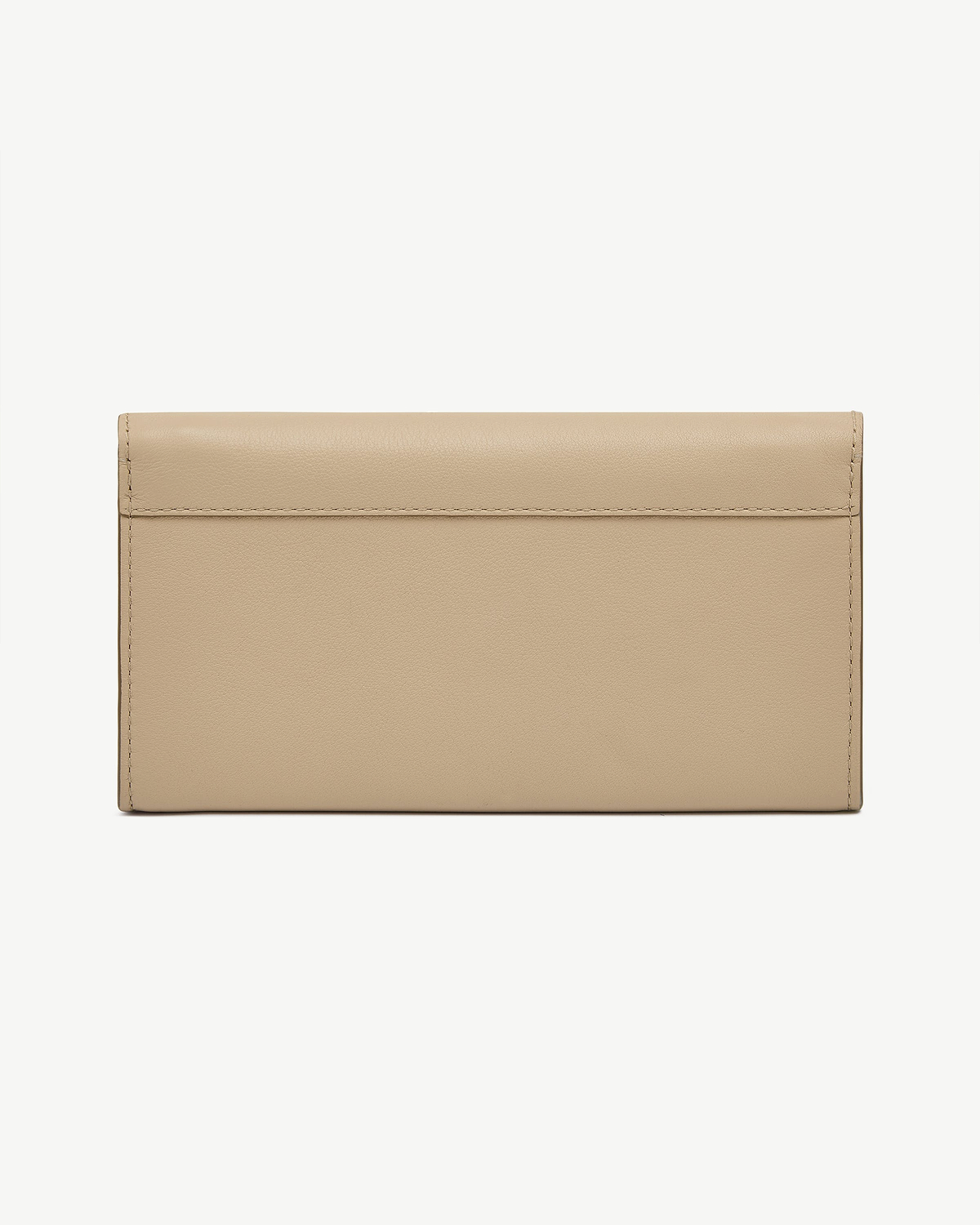 Sand leather wallet front panel showing top flap and edge stitching.