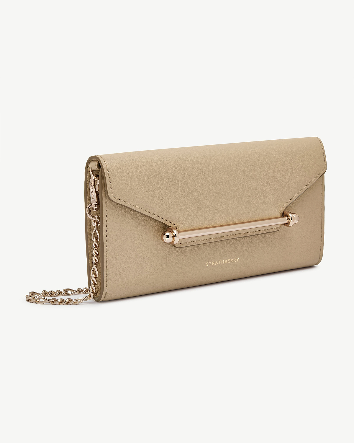 Sand leather Strathberry chain wallet with gold bar hardware and chain strap