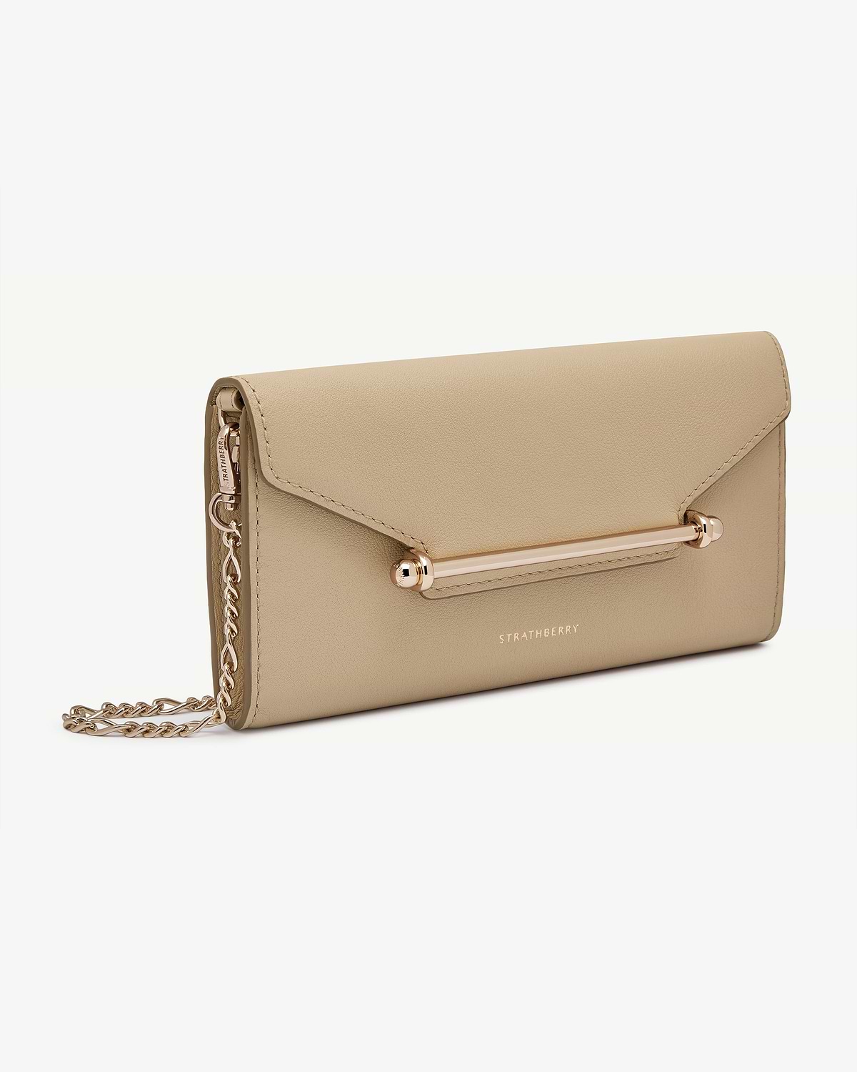 Sand leather Strathberry chain wallet with gold bar hardware and chain strap