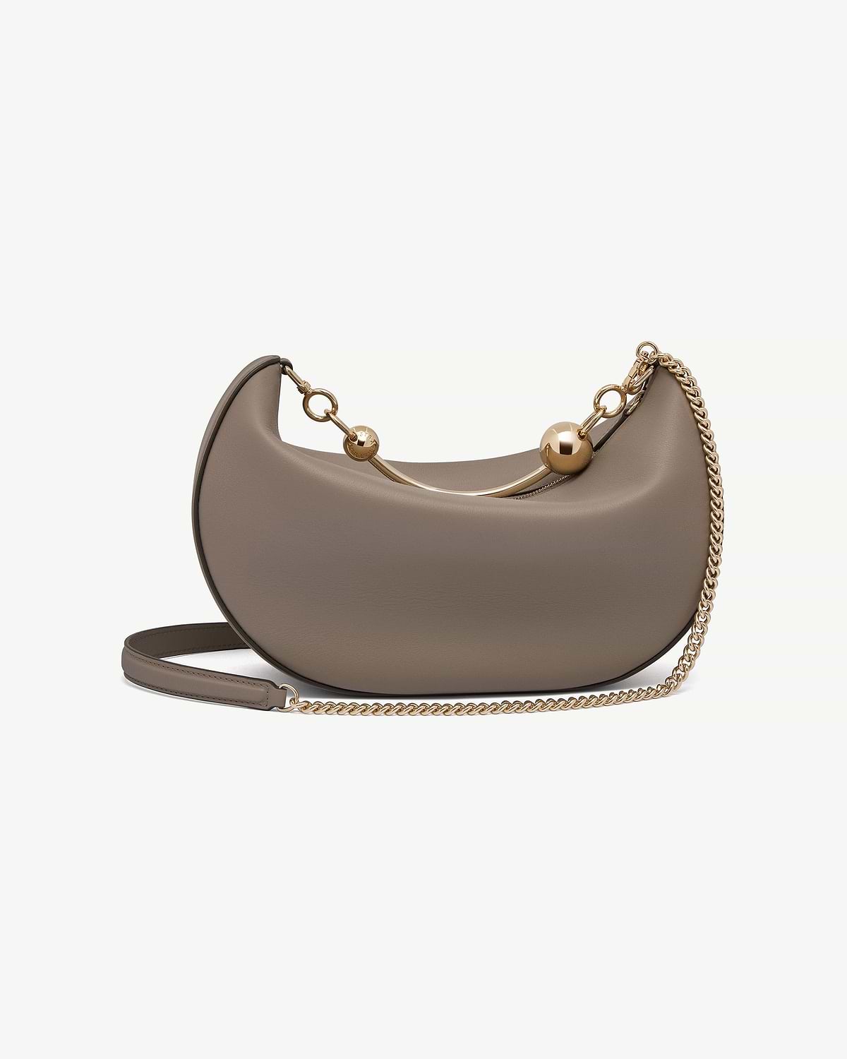 Taupe crescent moon leather shoulder bag with gold chain and ball hardware