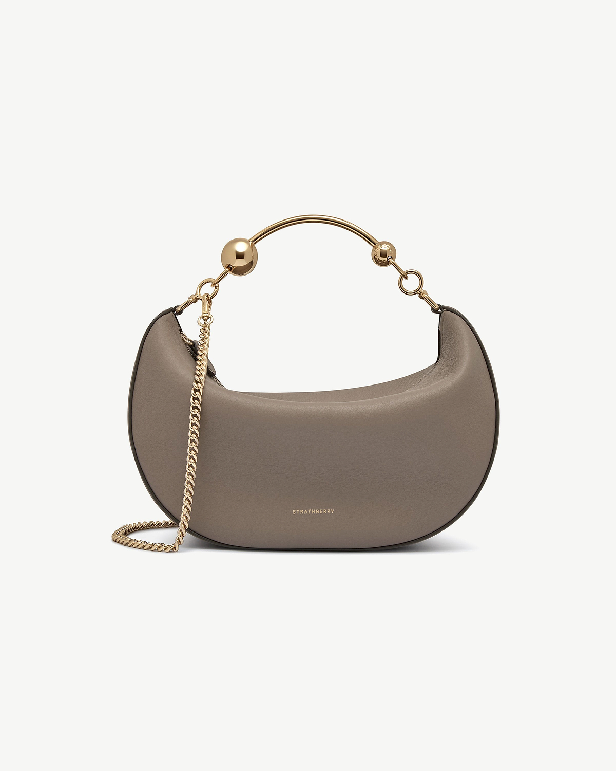 Taupe Crescent Moon shoulder bag with gold chain strap, Strathberry logo.