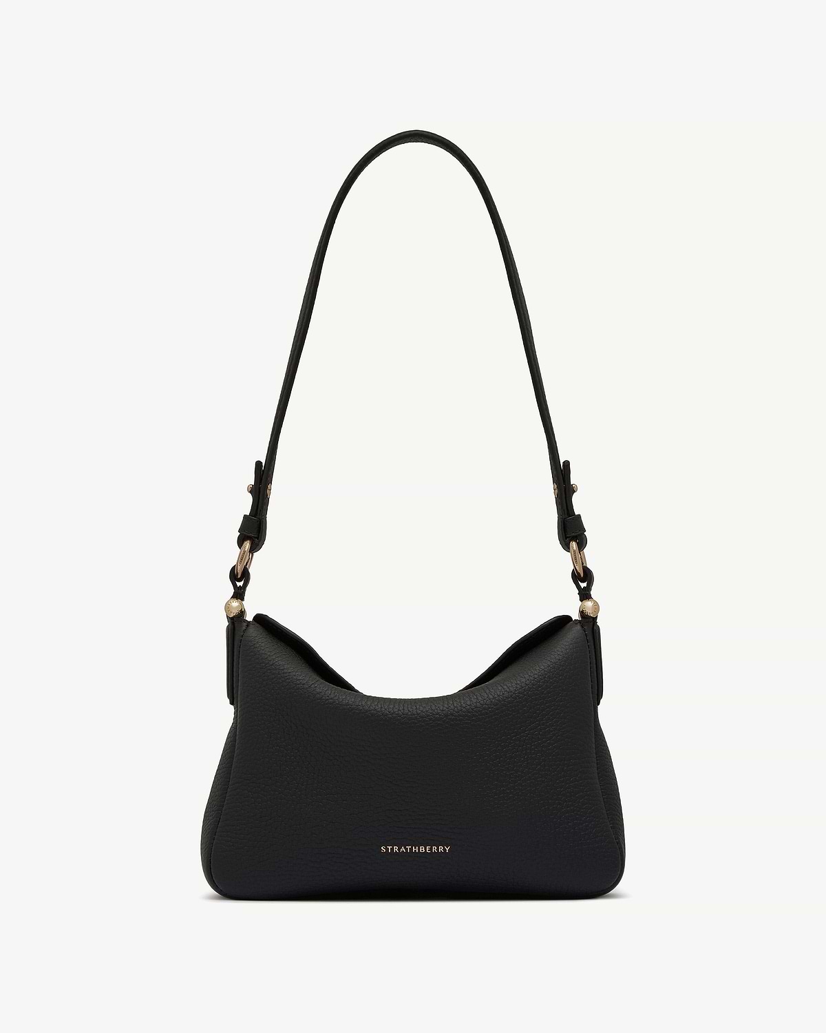 Strathberry Sway black leather shoulder bag with single strap, gold-tone hardware