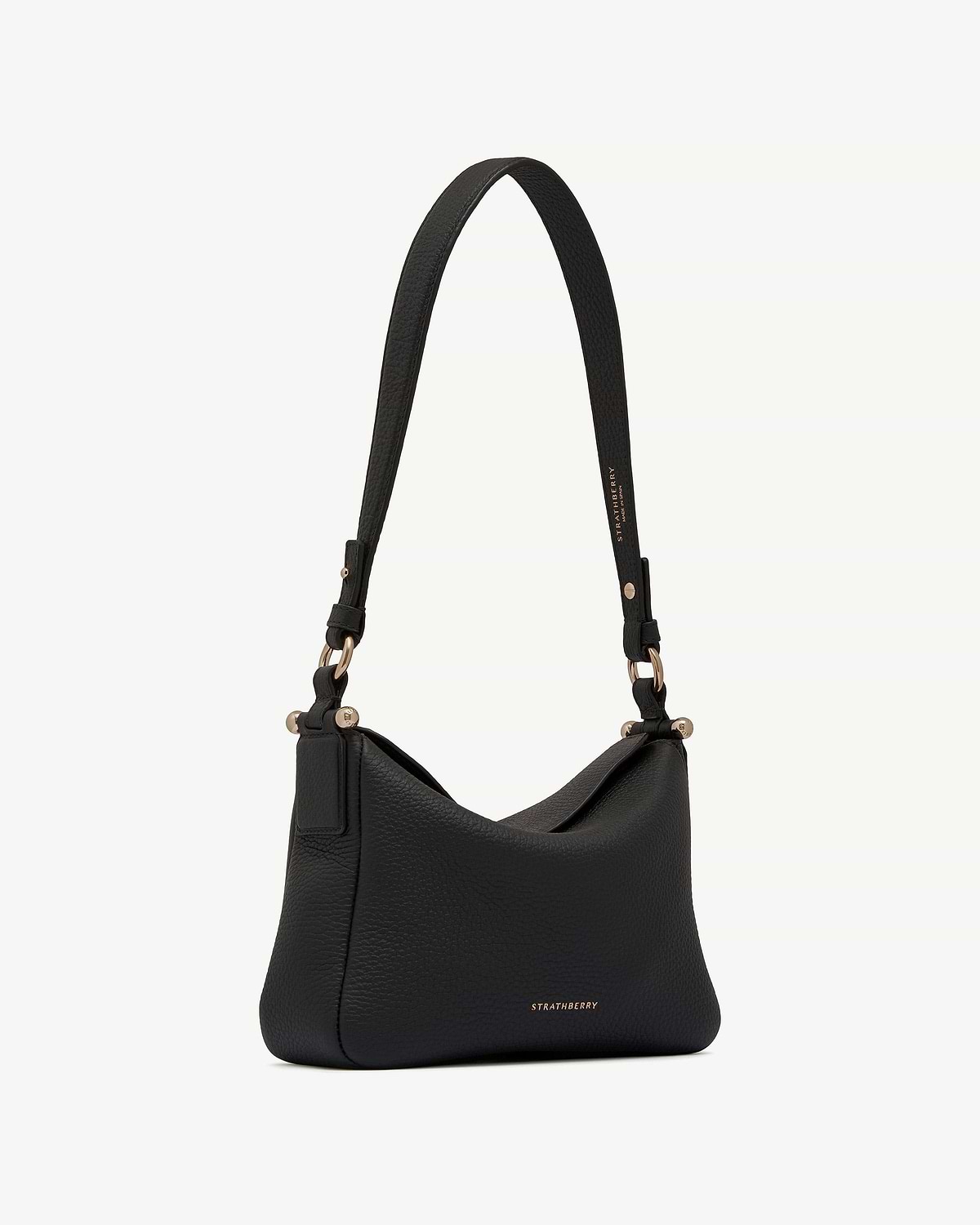 Black Sway leather shoulder bag with gold hardware and Strathberry logo.