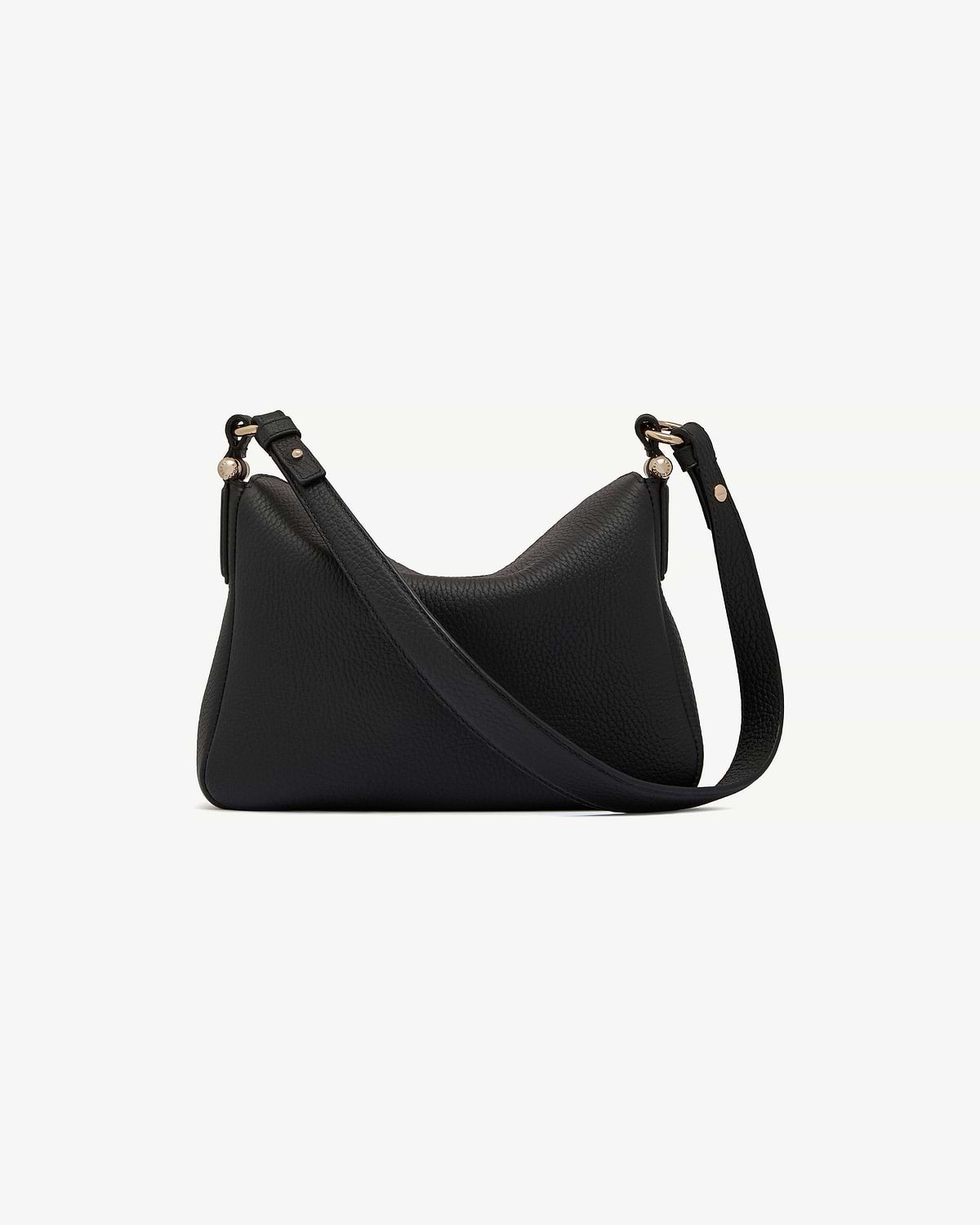 Black pebbled leather shoulder bag with curved top and adjustable strap.
