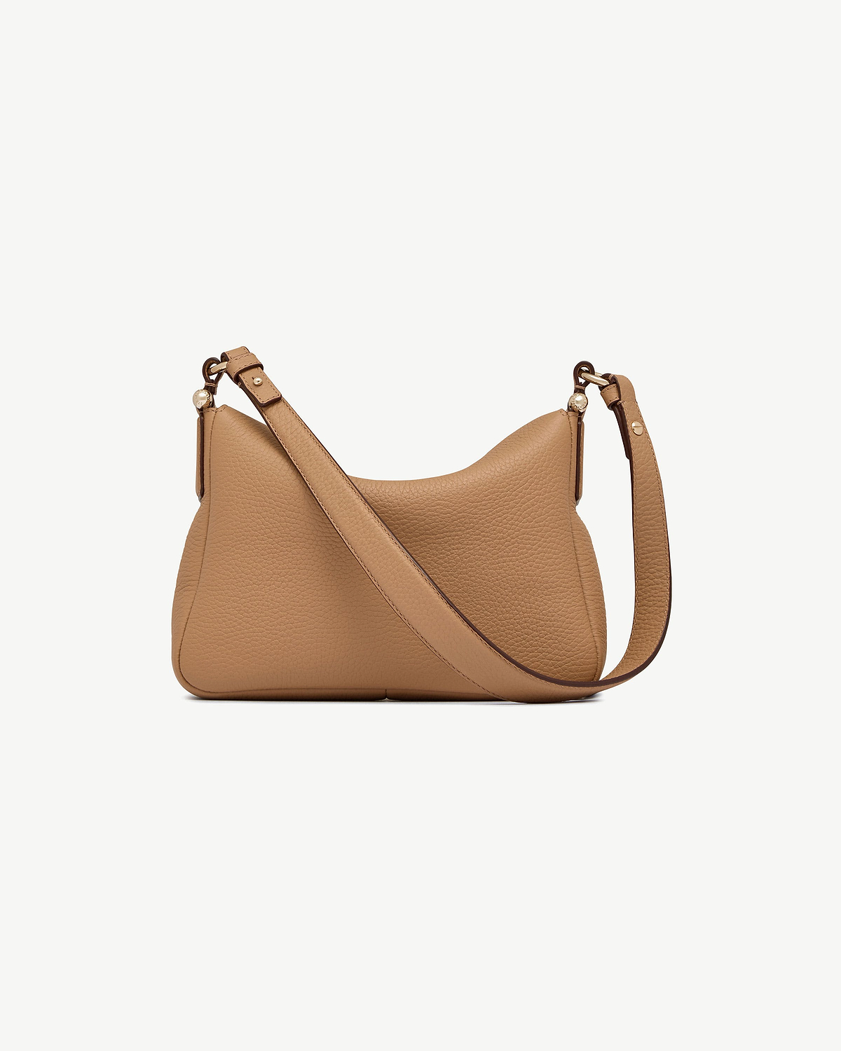 Caramel leather shoulder bag with pebbled texture and adjustable strap, gold hardware.