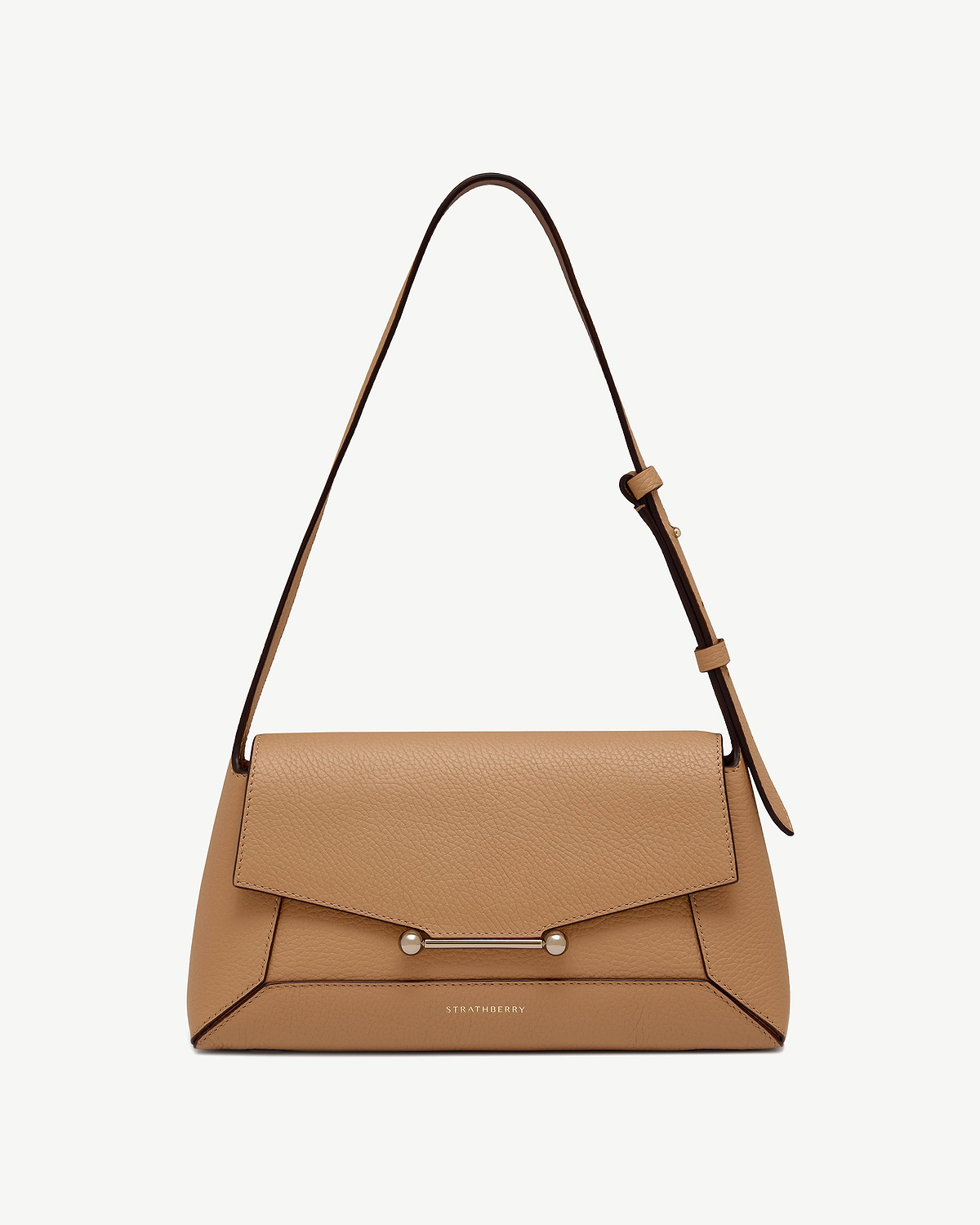 Strathberry mosaic shoulder bag in caramel pebbled leather with gold bar clasp and adjustable strap