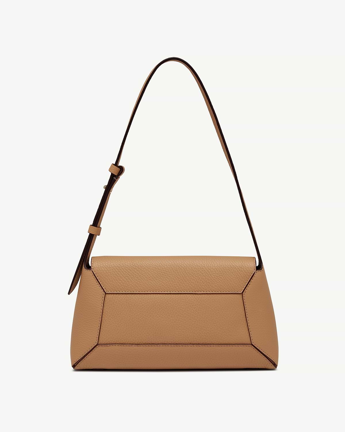 Caramel leather mosaic shoulder bag with flap top and adjustable shoulder strap.