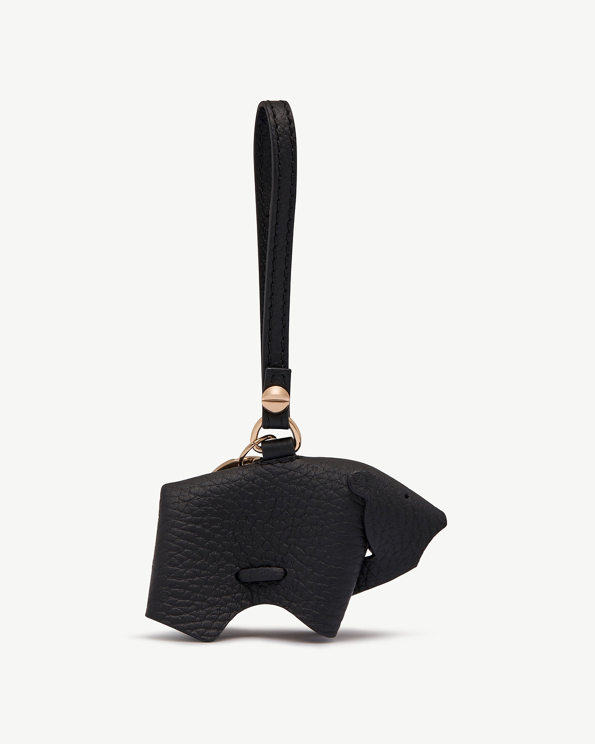 Black leather bear bag charm with wrist strap and gold metal fittings.