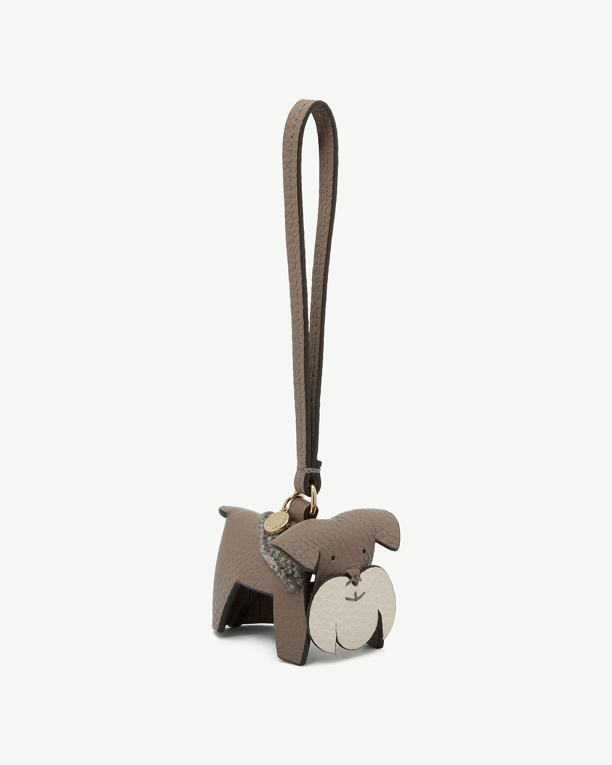 Strathberry tartan dog leather bag charm with loop strap and gold disc