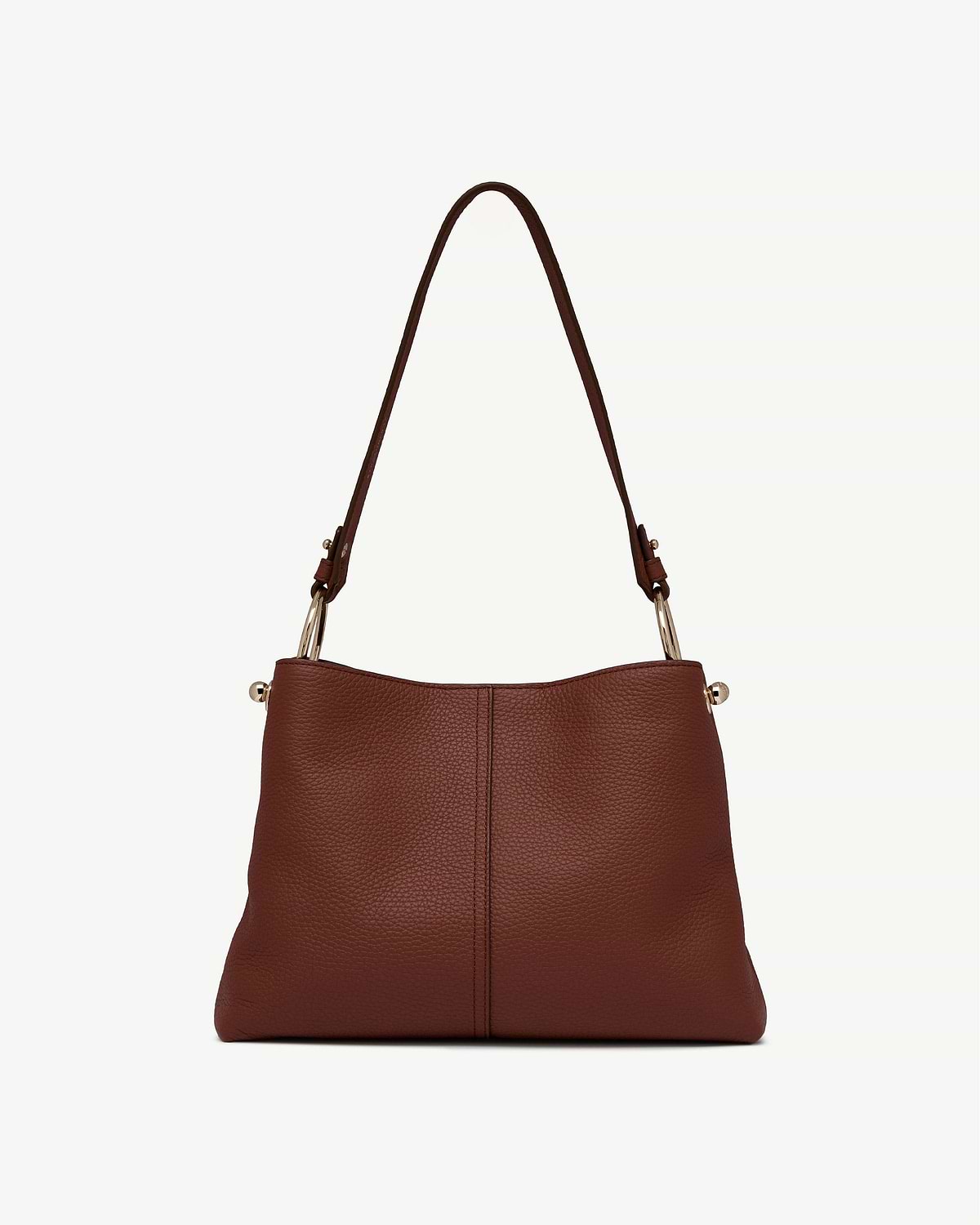 Walnut pebbled leather hobo bag with single strap and gold-tone hardware.