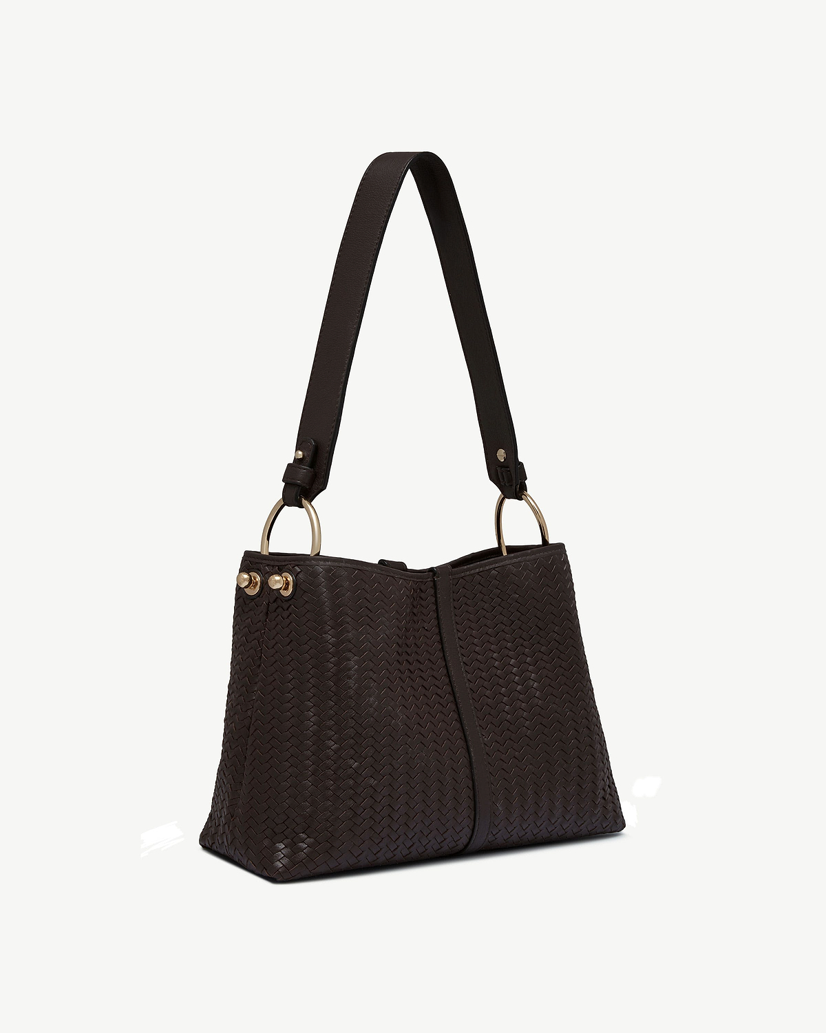 Chocolate woven leather hobo bag with single shoulder strap and gold rings.