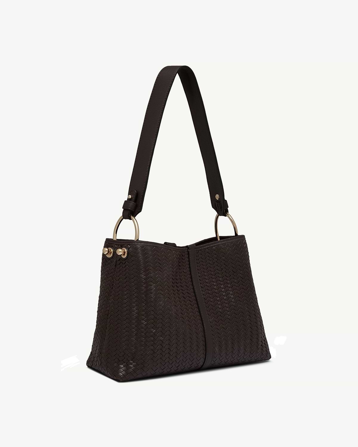 Chocolate woven leather hobo bag with single shoulder strap and gold rings.