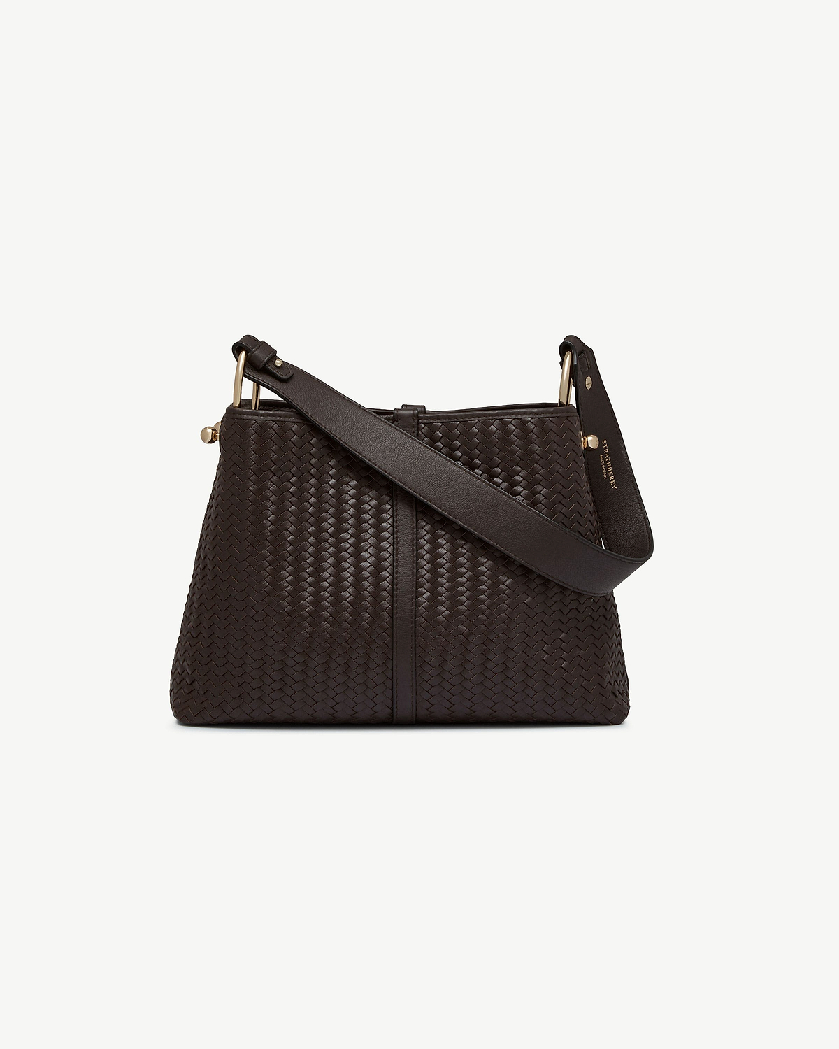 Strathberry Lana hobo in chocolate woven leather with wide strap and gold fittings.