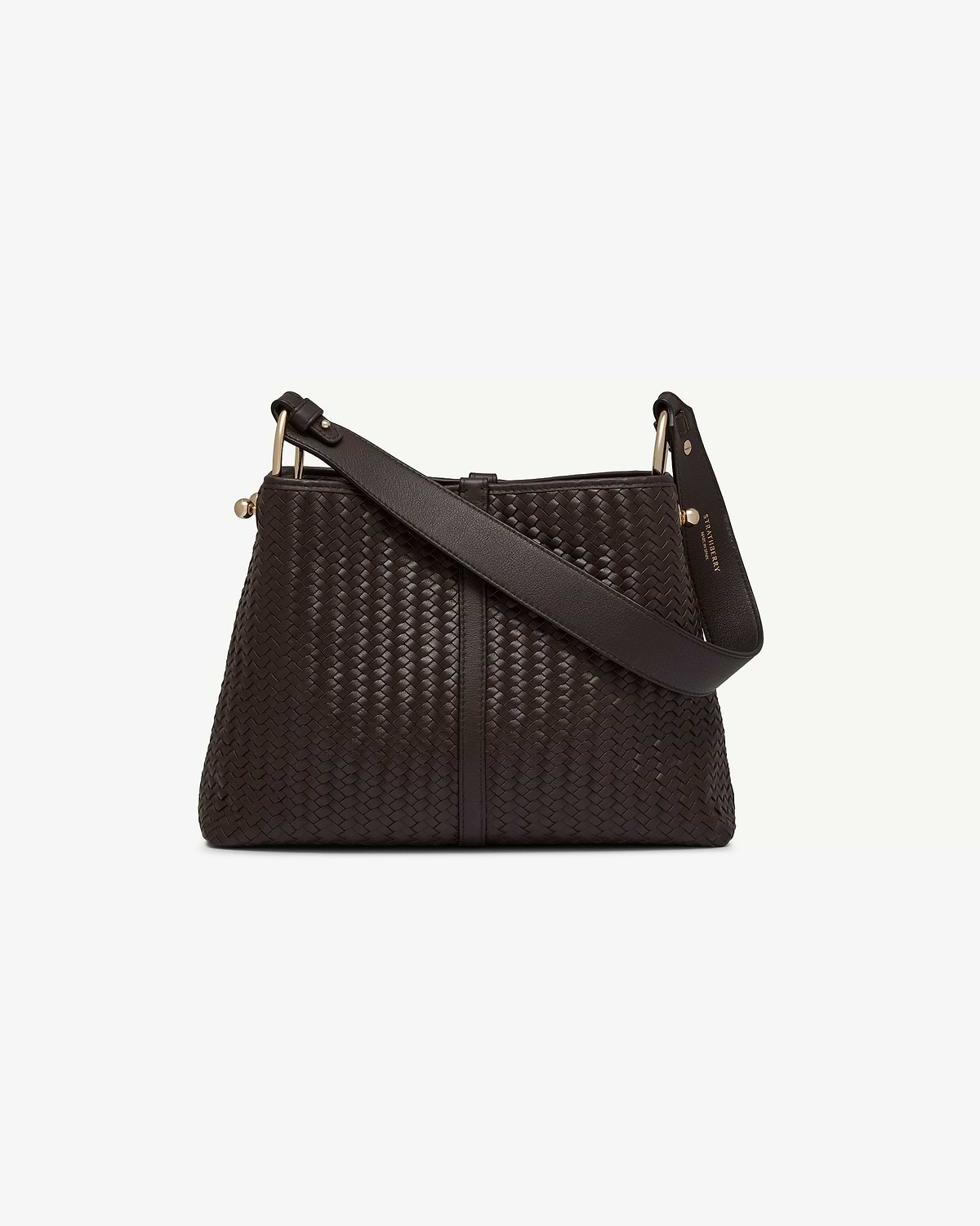 Strathberry Lana hobo in chocolate woven leather with wide strap and gold fittings.