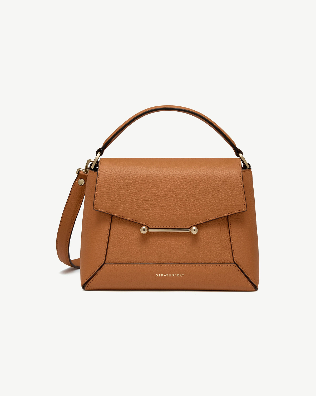 Strathberry mosaic bag in honey pebbled leather with top handle and gold hardware