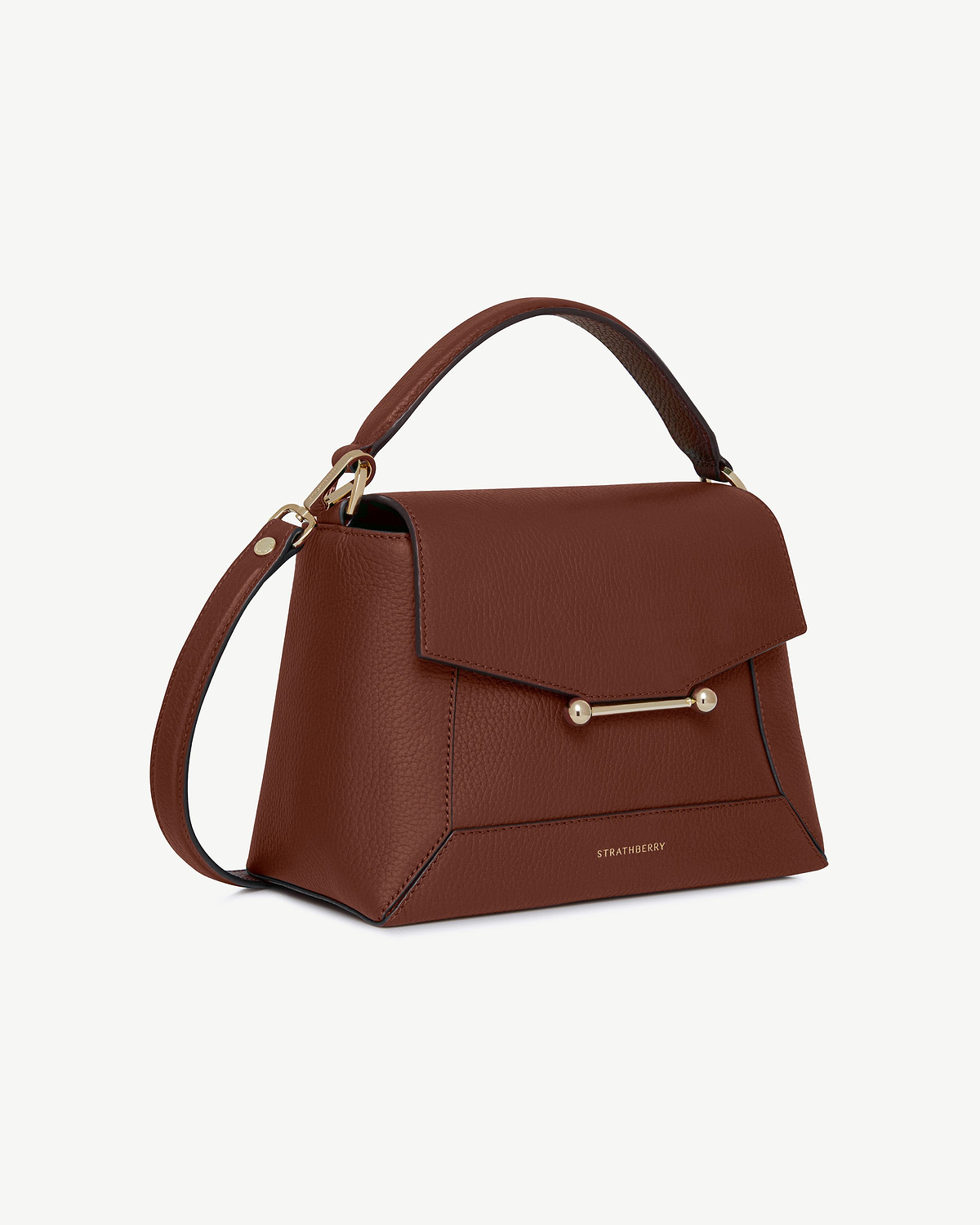 Walnut mosaic bag with top handle, shoulder strap, gold bar and Strathberry logo.