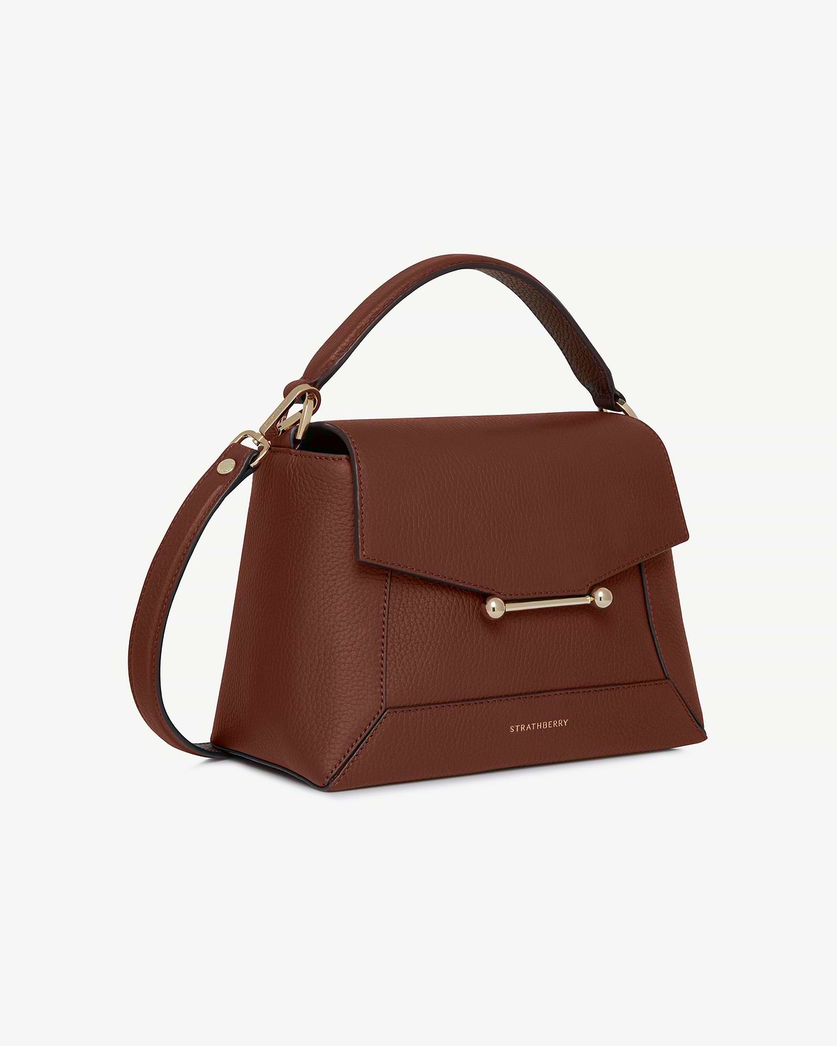 Walnut mosaic bag with top handle, shoulder strap, gold bar and Strathberry logo.