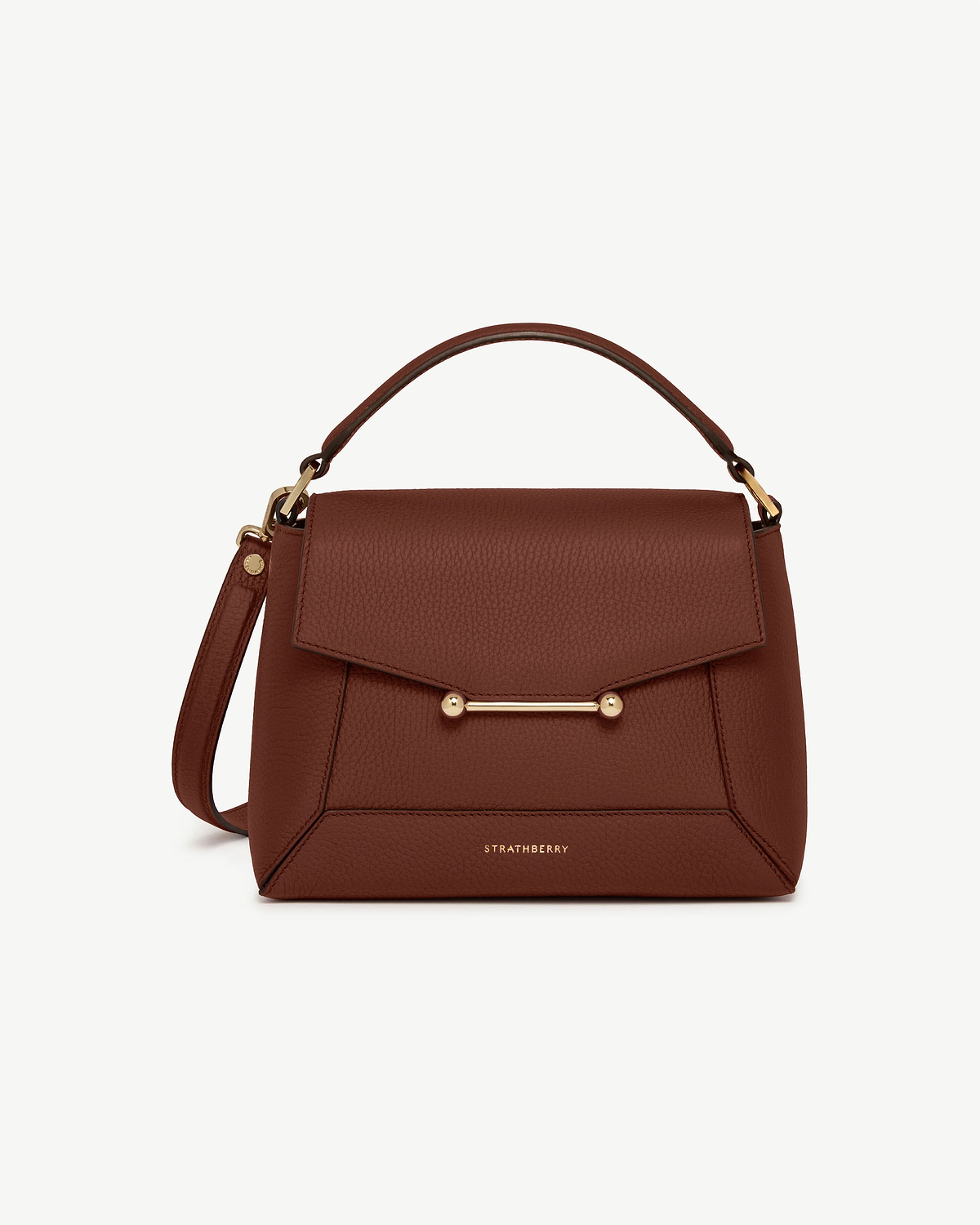Walnut mosaic bag with top handle, detachable strap, gold bar and Strathberry logo.