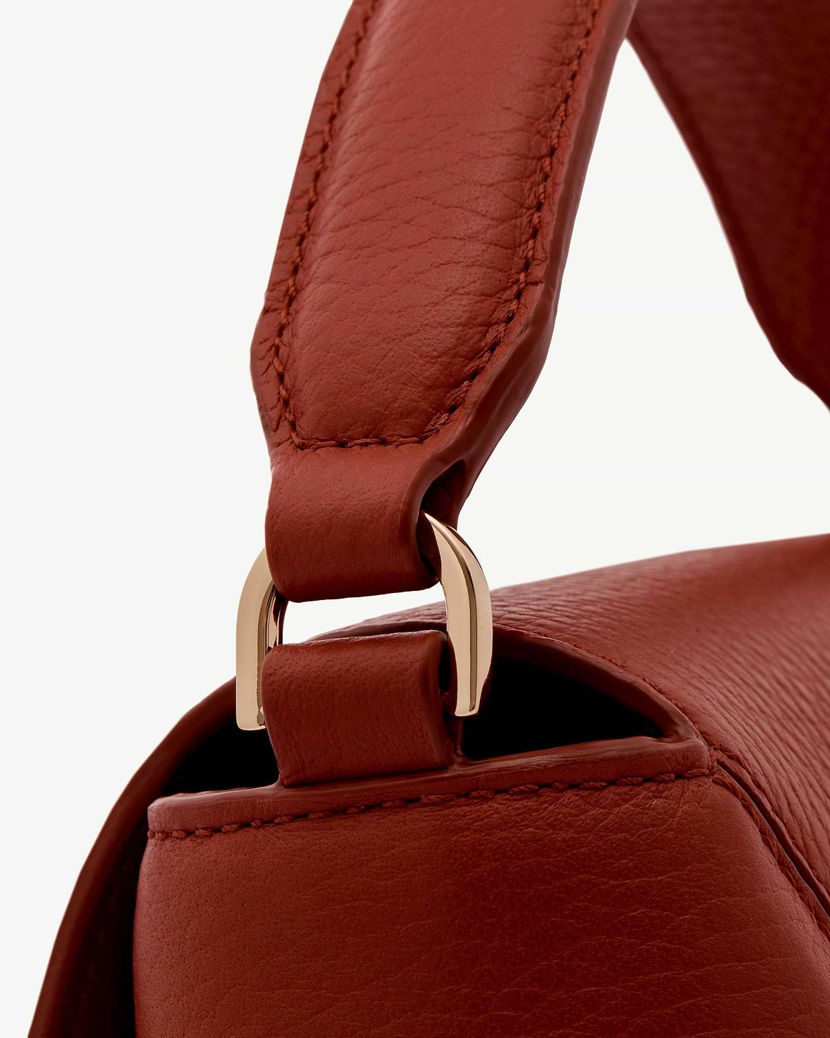 Close-up of red leather strap and gold ring hardware on bag.