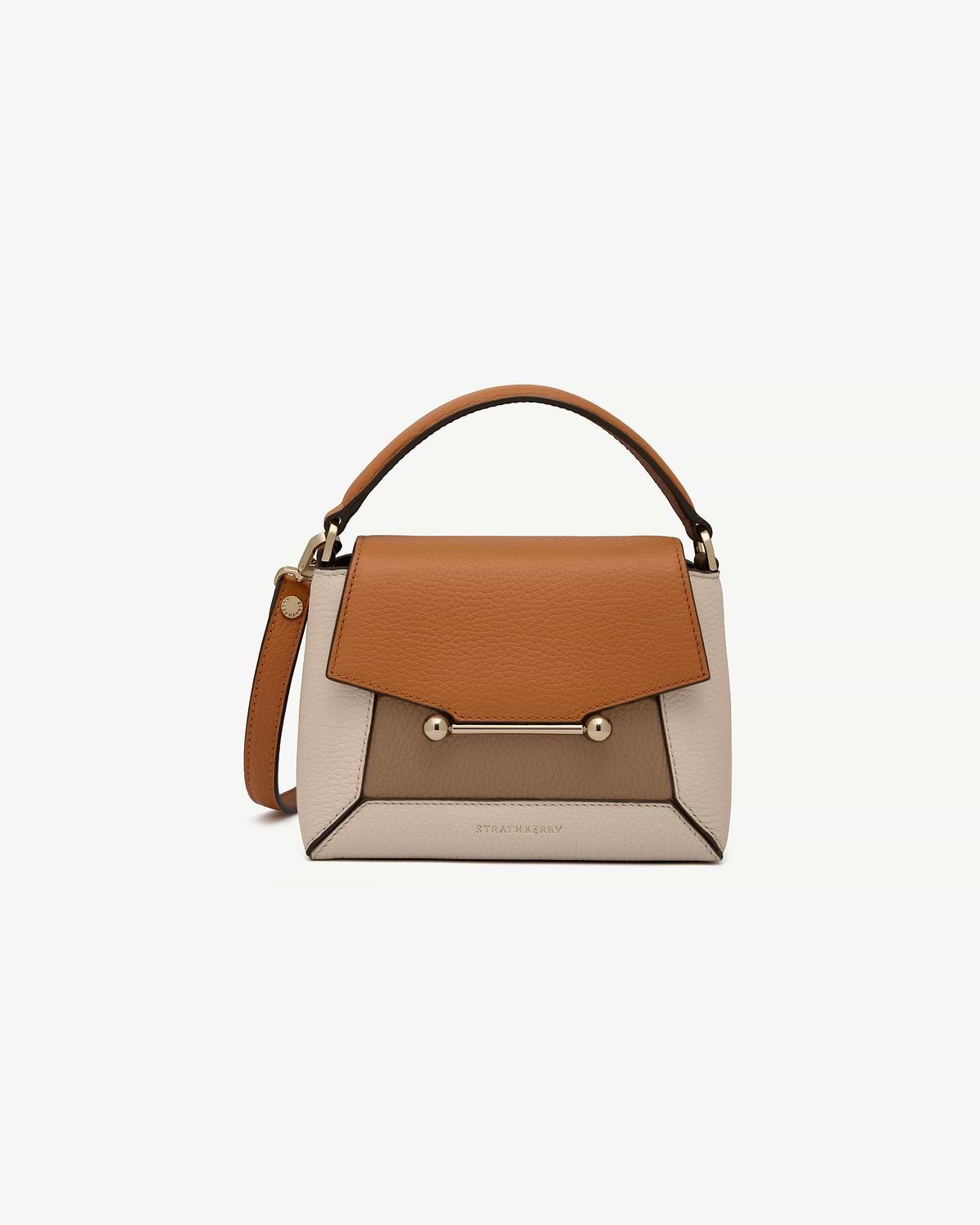Strathberry Mosaic Nano bag in oat, honey and clay with top handle.