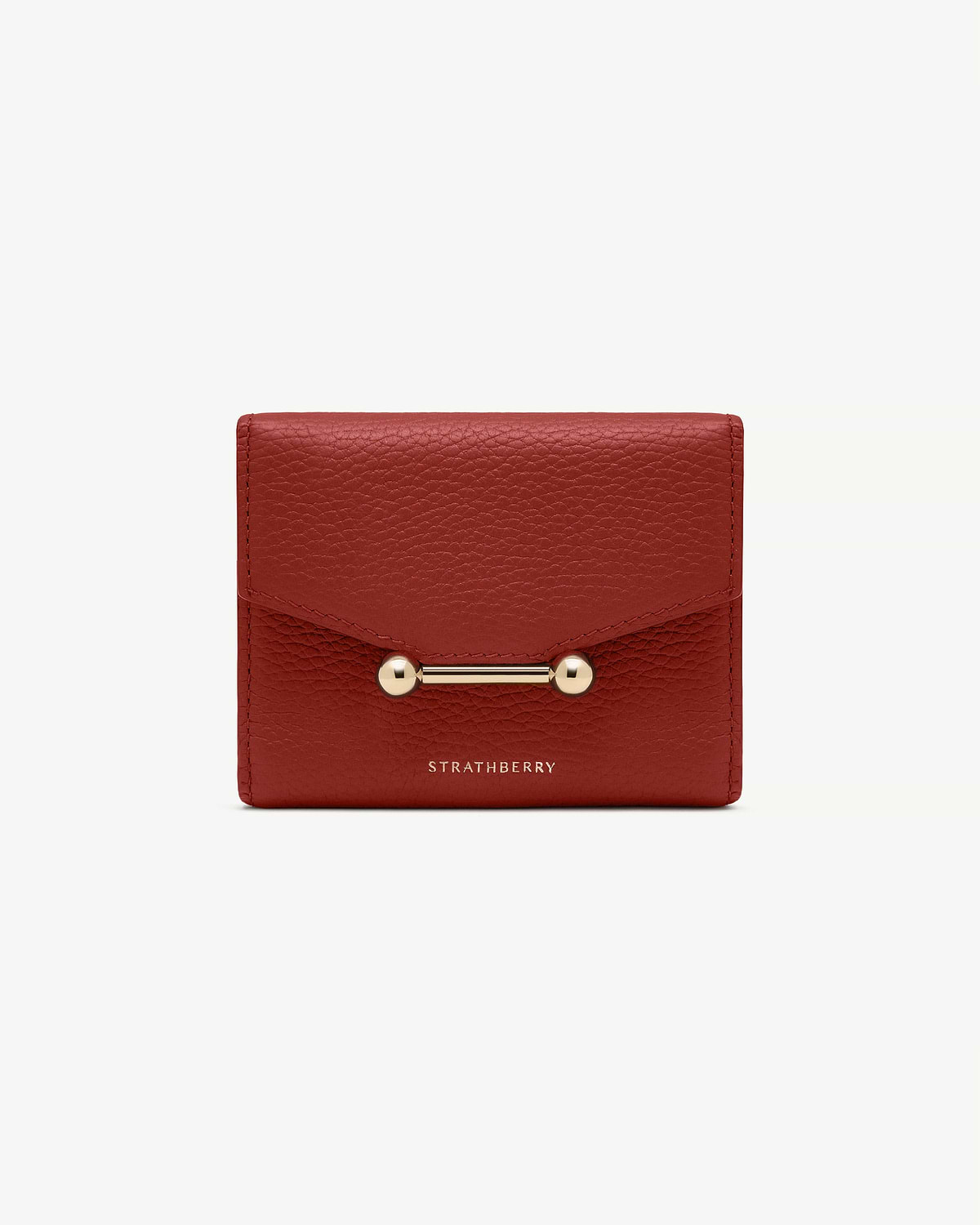 Strathberry Mosaic trifold wallet in Levanto red with gold bar clasp.
