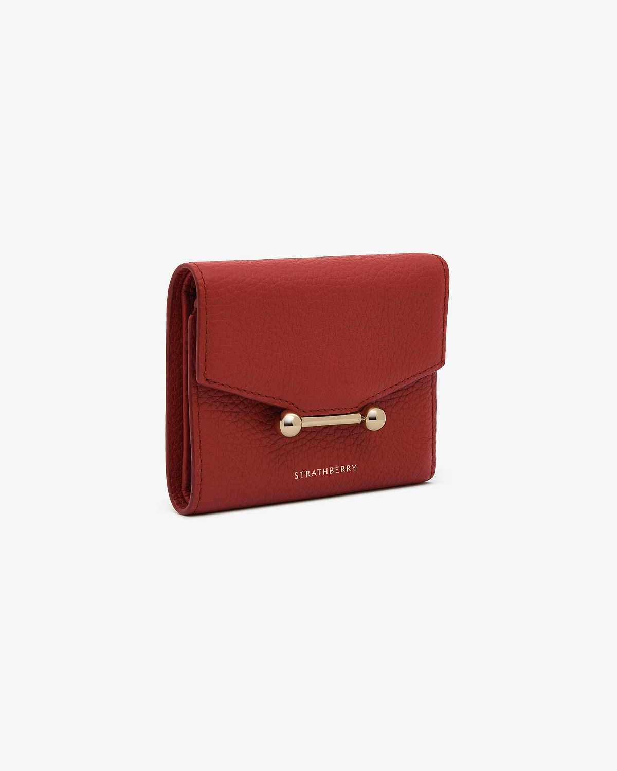 Levanto red mosaic trifold wallet with gold bar detail and Strathberry logo