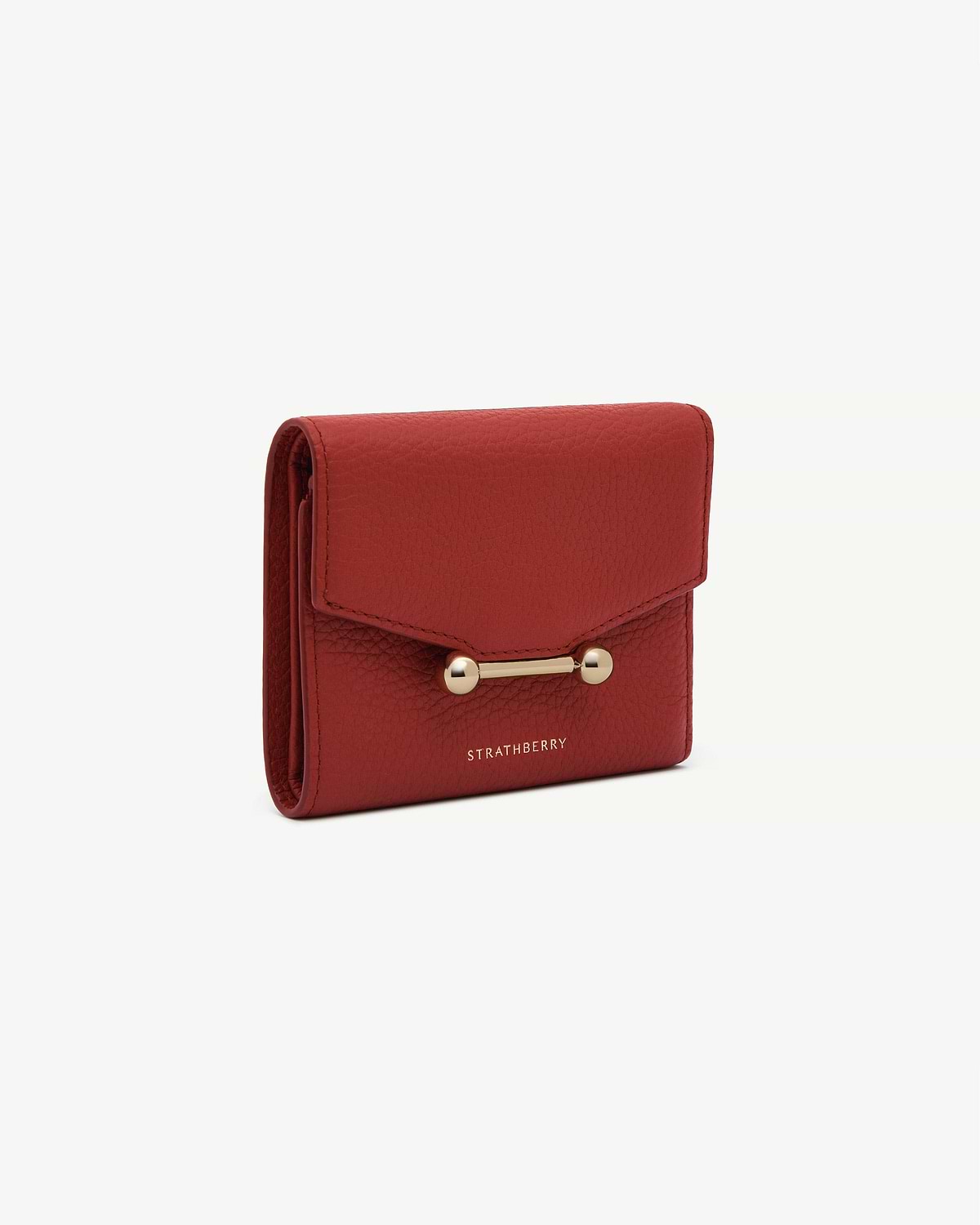 Levanto red mosaic trifold wallet with gold bar detail and Strathberry logo