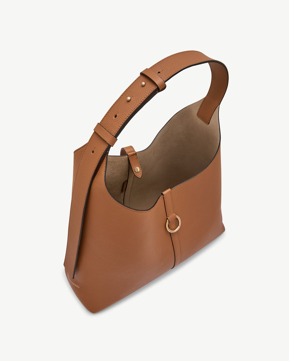 Tan leather hobo bag with adjustable shoulder strap, suede interior and gold ring.