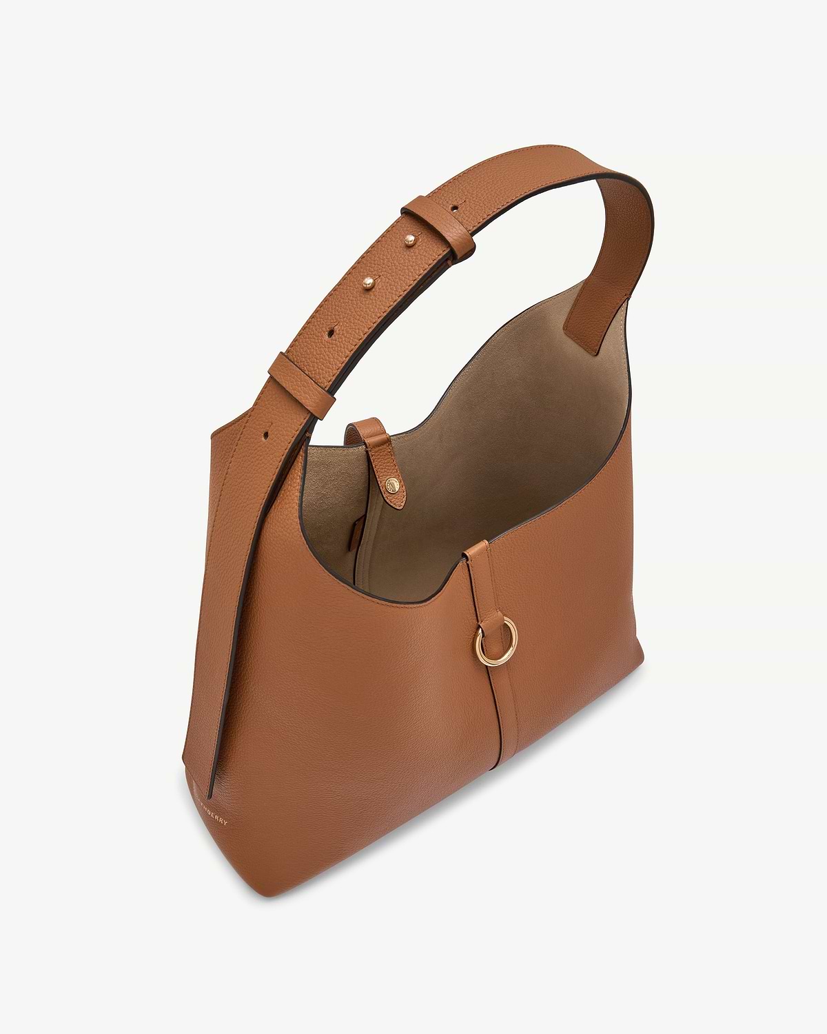 Tan leather hobo bag with adjustable shoulder strap, suede interior and gold ring.