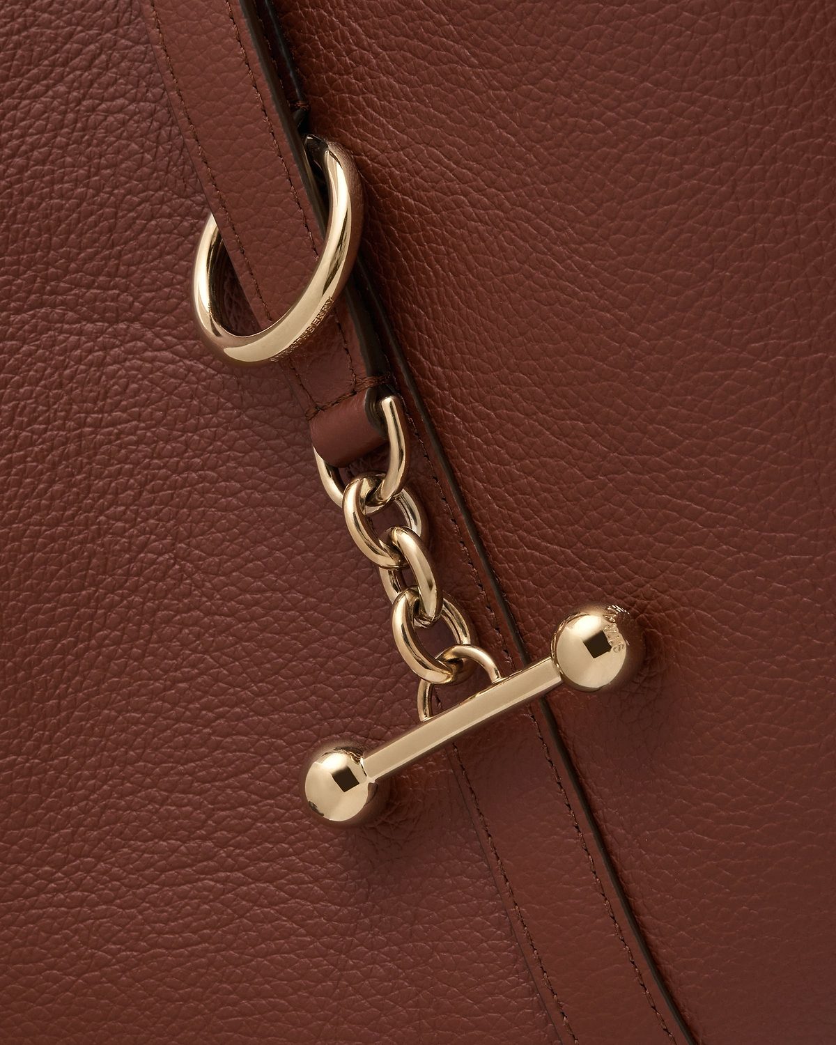 Close-up of walnut pebbled leather handbag strap with gold chain and toggle closure.
