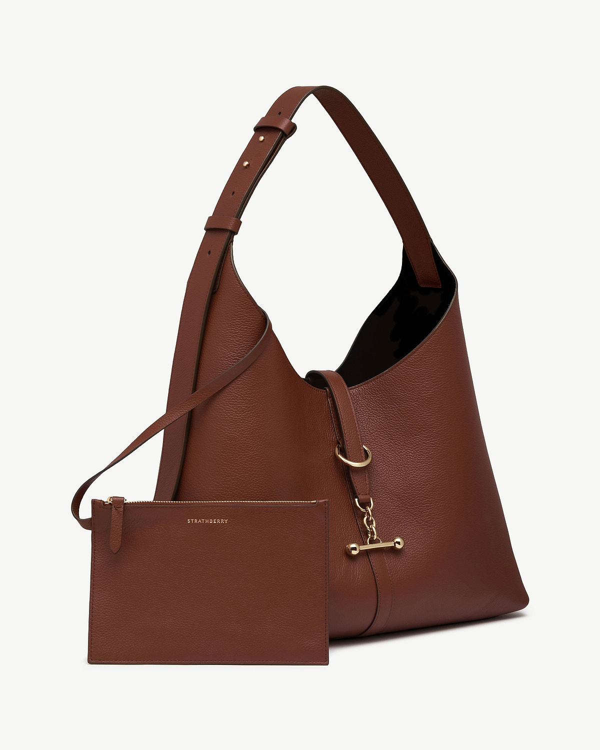 Walnut leather hobo bag with matching pouch, gold hardware, Strathberry logo.