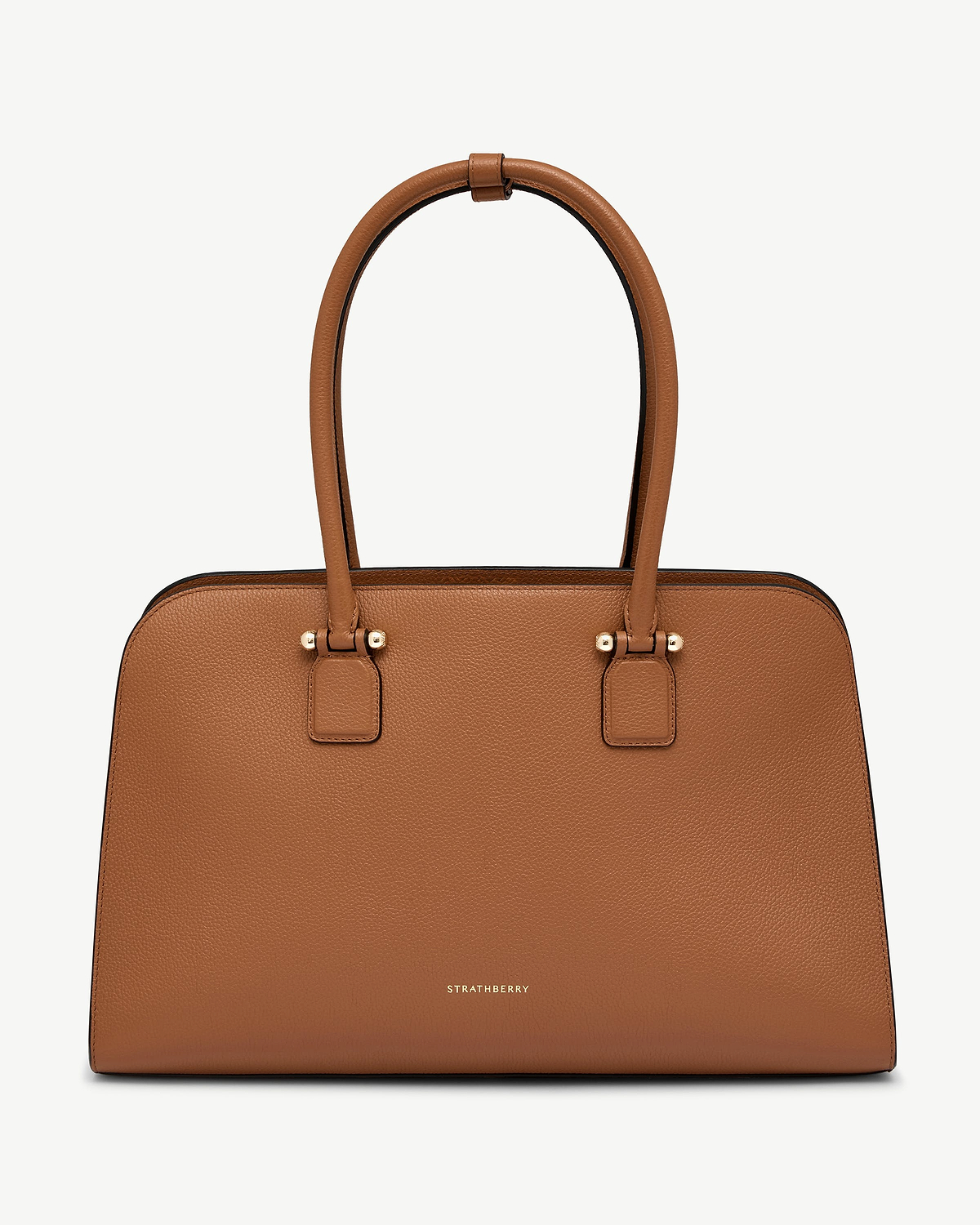 Tan Georgia Maxi tote with top handles and Strathberry logo.