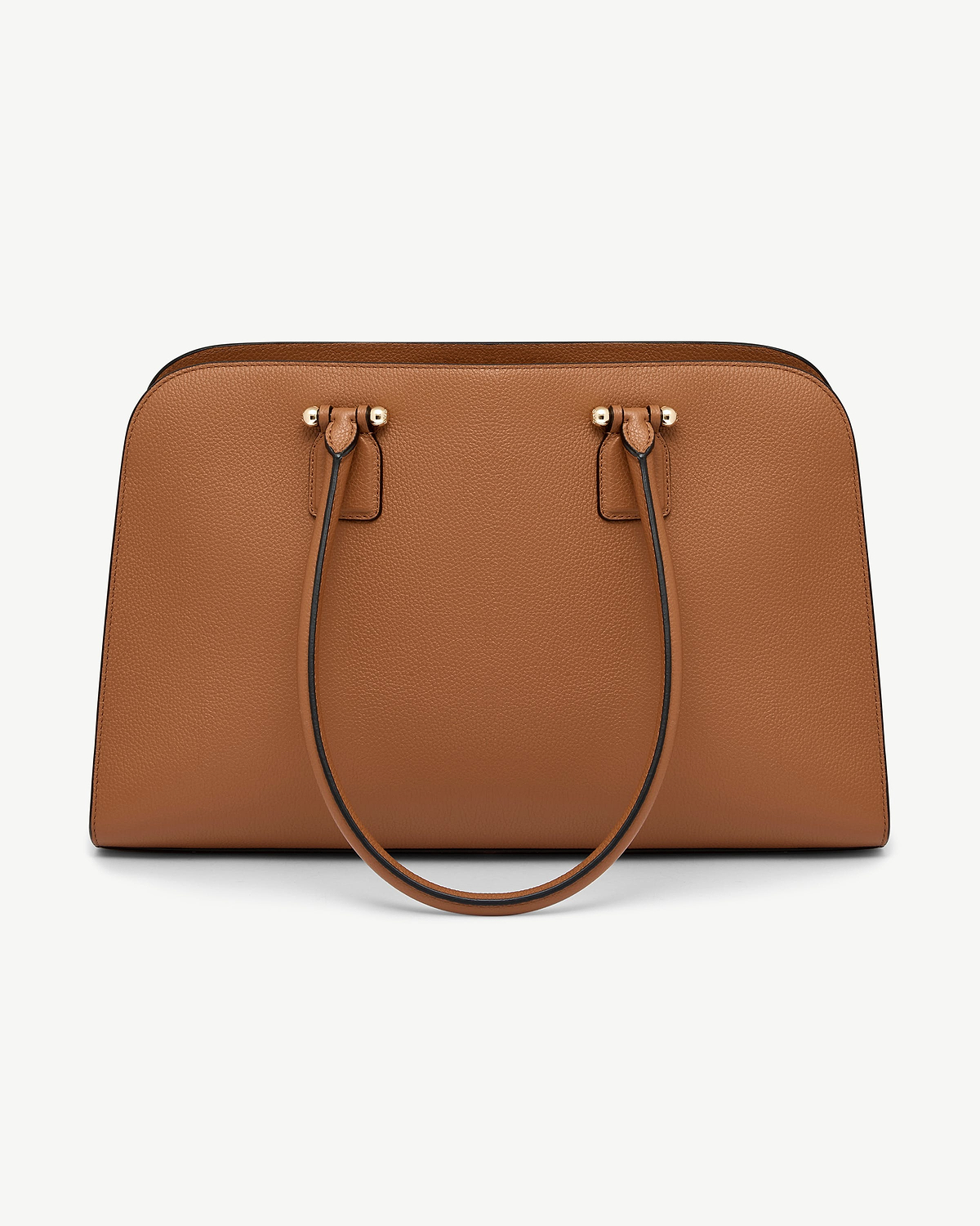 Tan leather tote bag with pebbled texture, rounded top handles and gold hardware.
