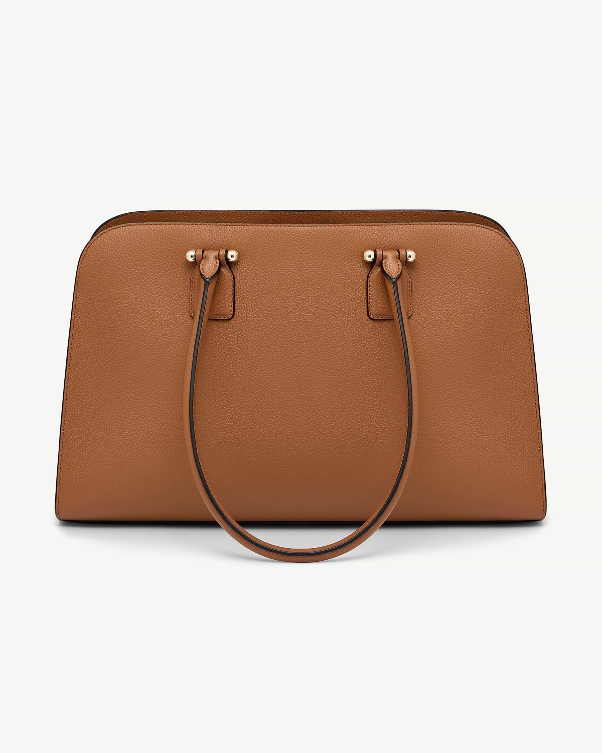 Tan leather tote bag with pebbled texture, rounded top handles and gold hardware.