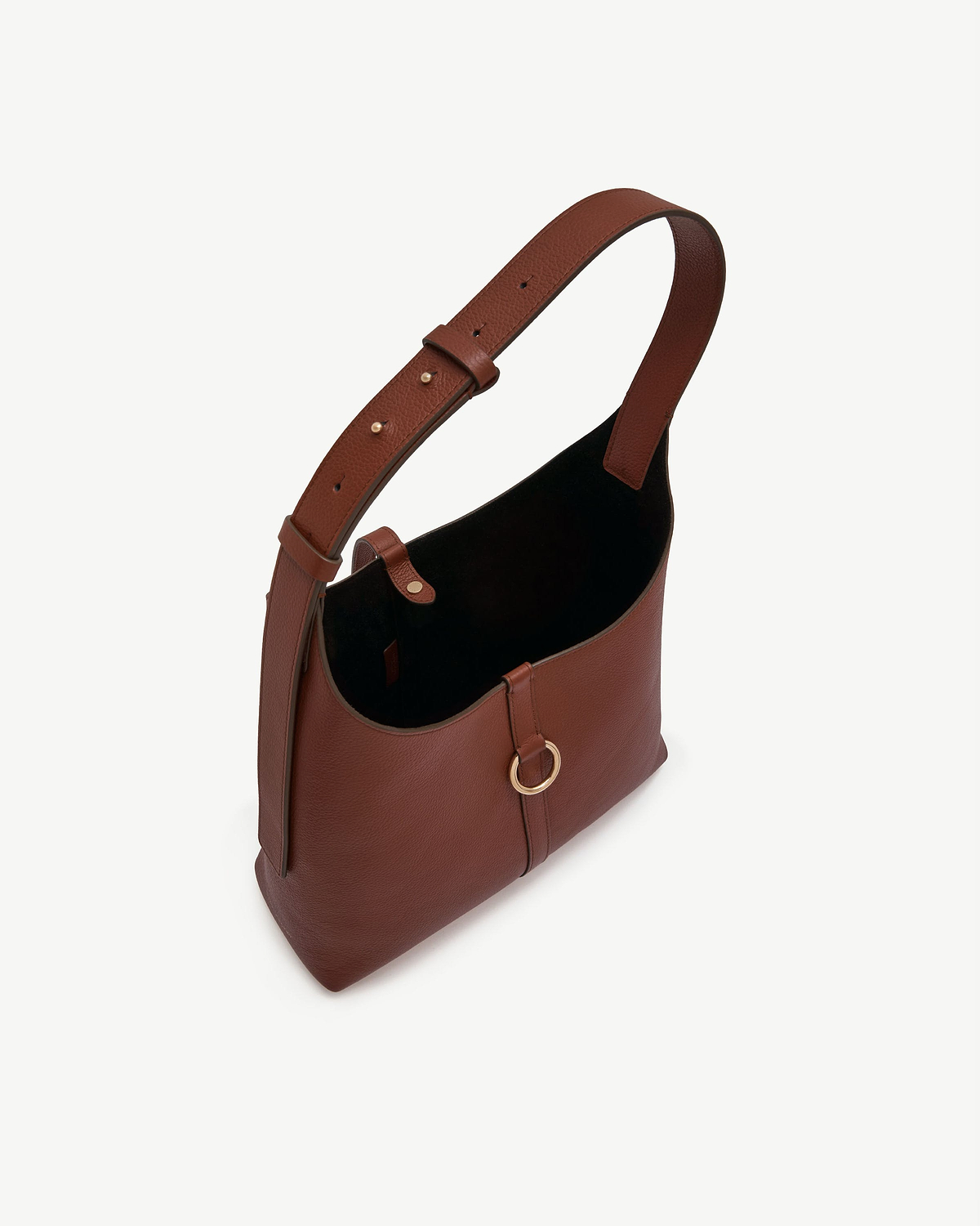 Walnut leather hobo bag with adjustable shoulder strap and gold ring detail.