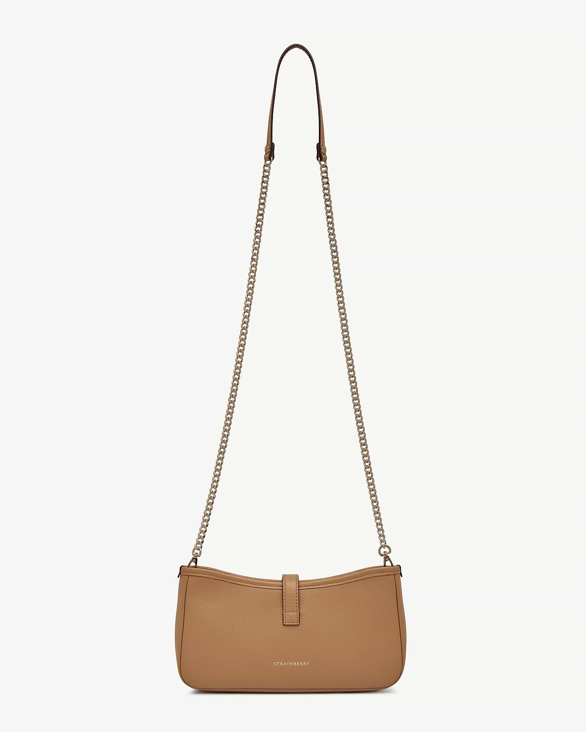 Caramel leather Kite on a Chain bag with gold chain strap and Strathberry logo.