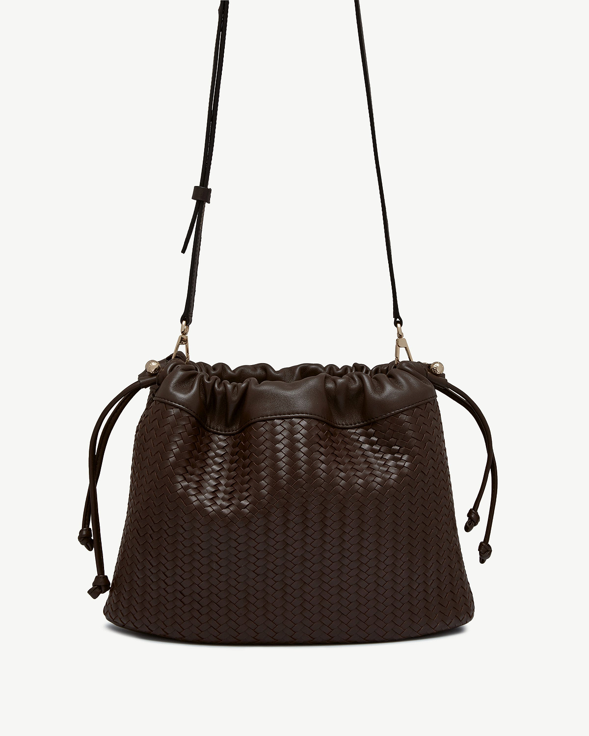 Chocolate woven leather drawstring bucket bag with long shoulder strap.