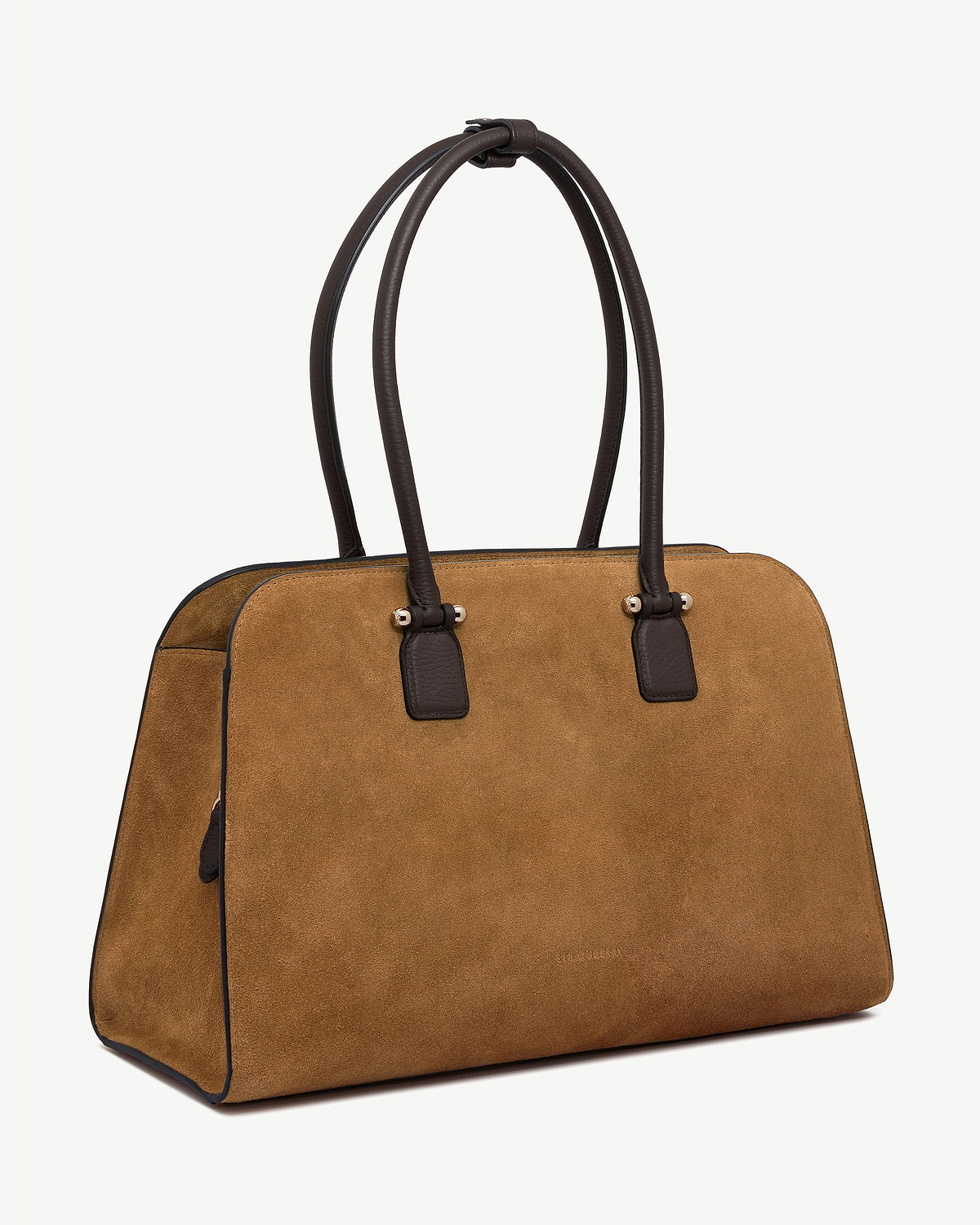 Toffee suede tote bag with espresso leather handles and gold-tone hardware