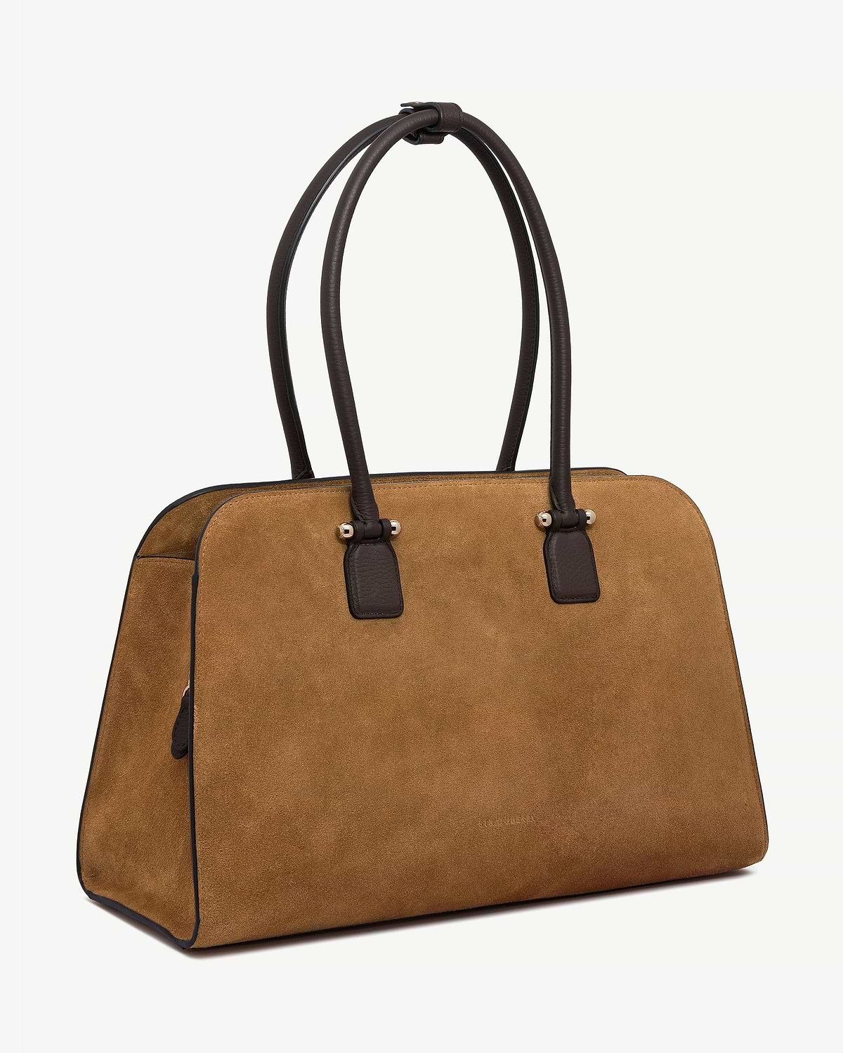 Toffee suede tote bag with espresso leather handles and gold-tone hardware