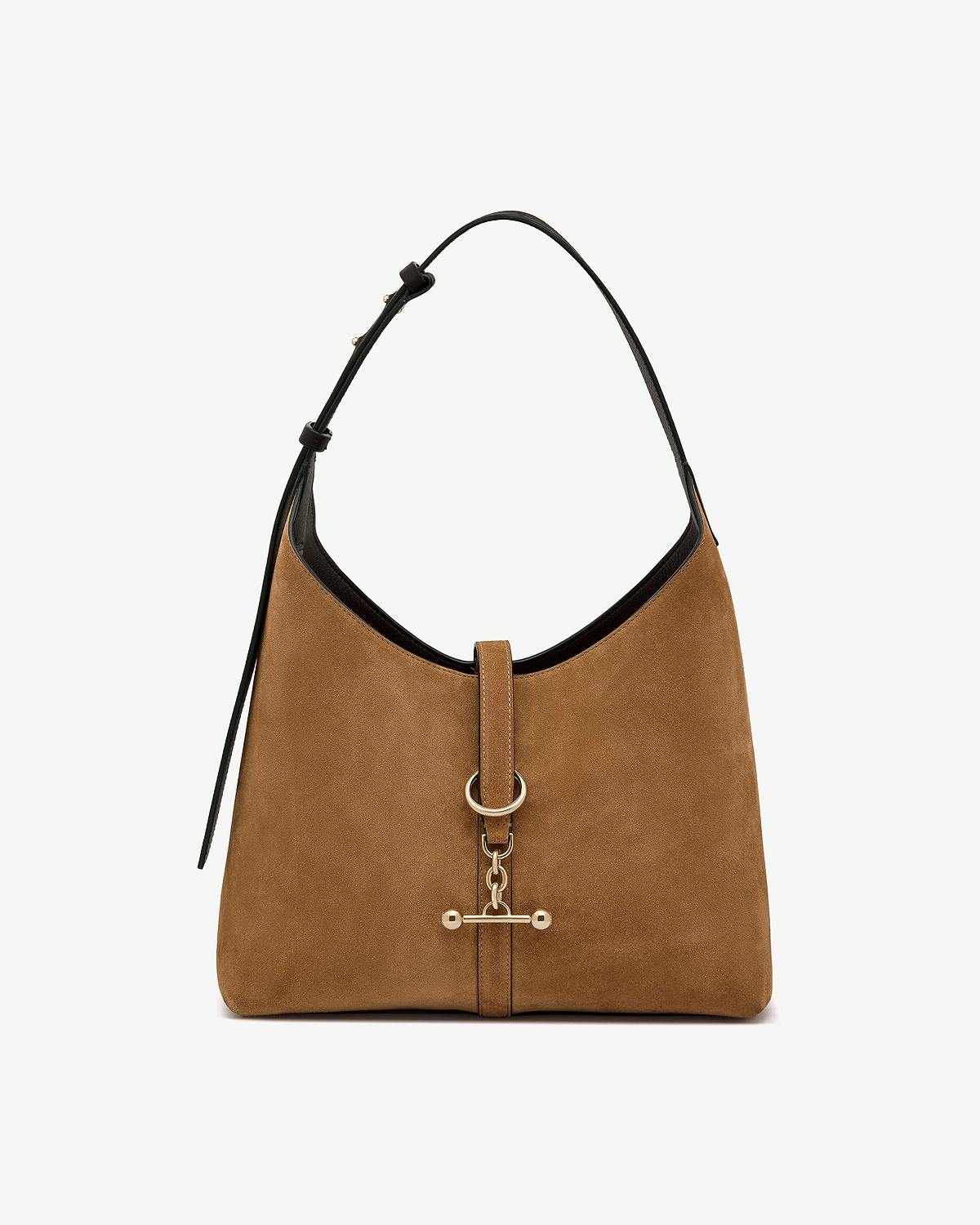 Toffee suede hobo bag with espresso leather strap and gold hardware.