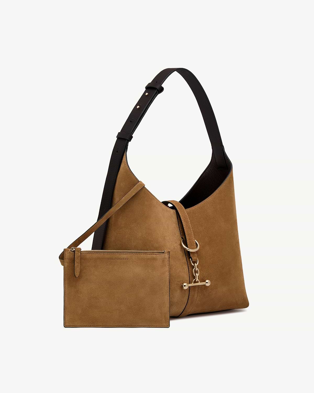 Toffee suede hobo bag with espresso strap, detachable pouch and gold hardware