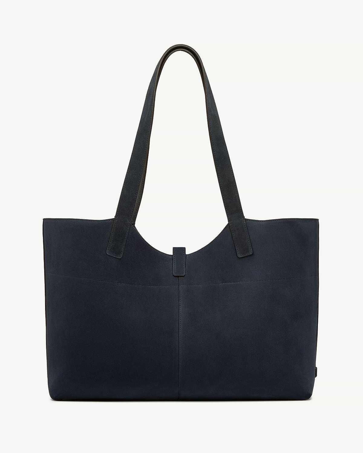 Navy suede Kite tote with long handles and curved top opening