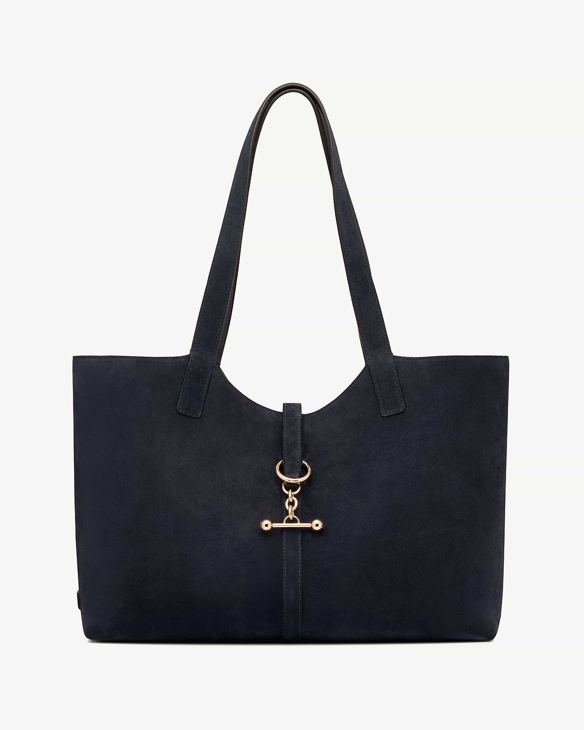 Navy suede Kite tote with long handles and gold ring toggle hardware