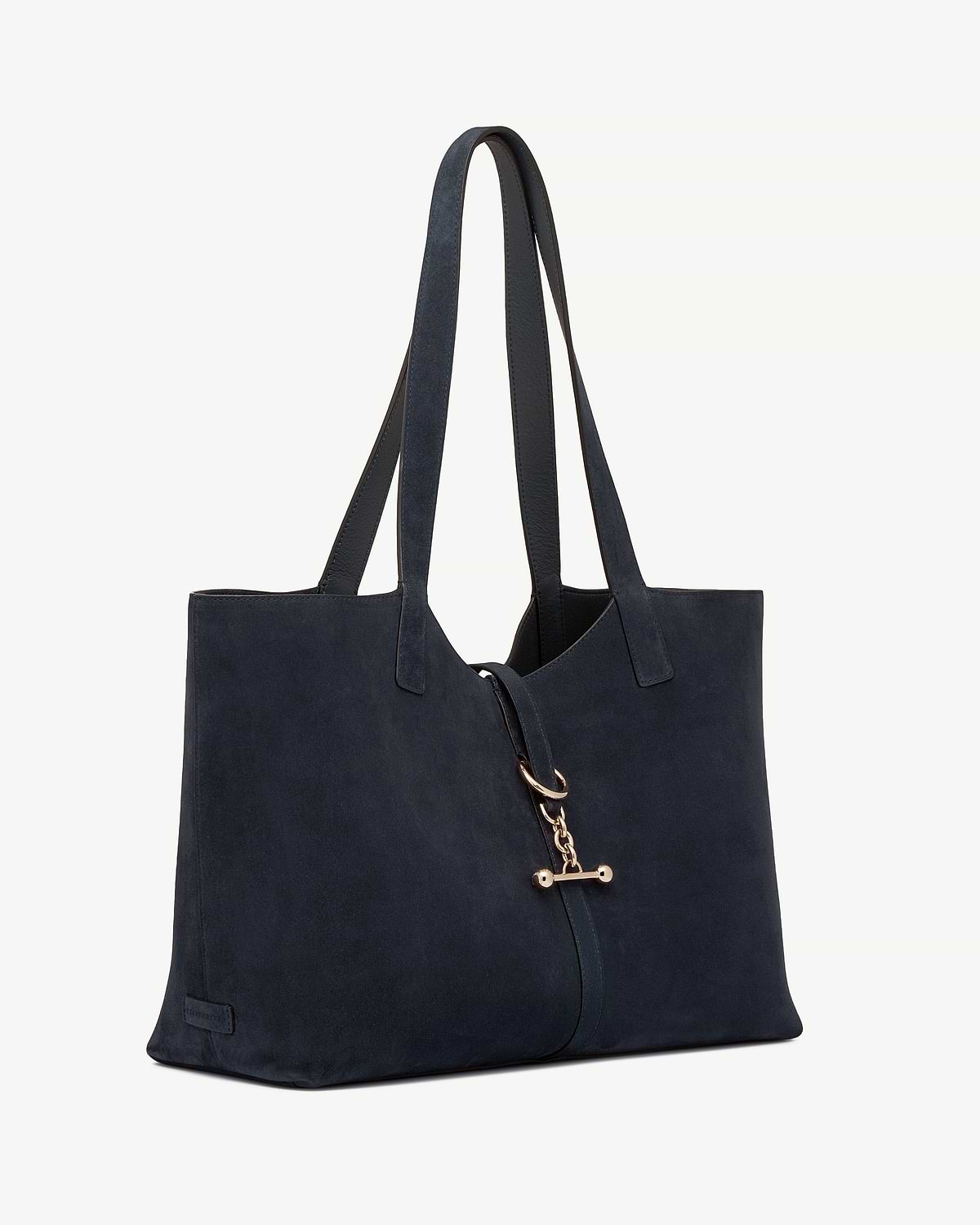 Navy suede Kite Tote with long straps and gold chain T-bar fastener.