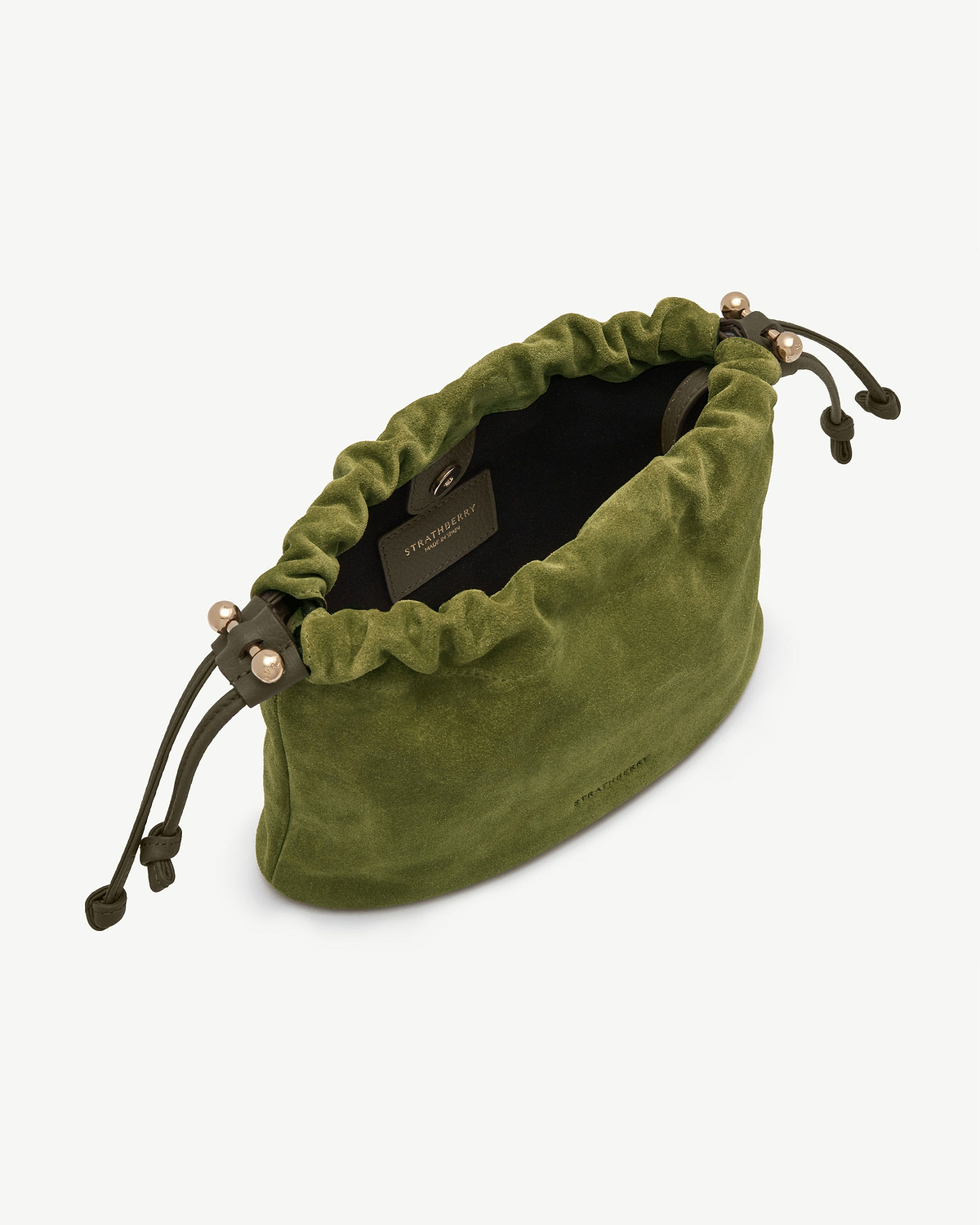 Lime suede Charlotte drawstring bag with khaki drawcords and Strathberry label inside.