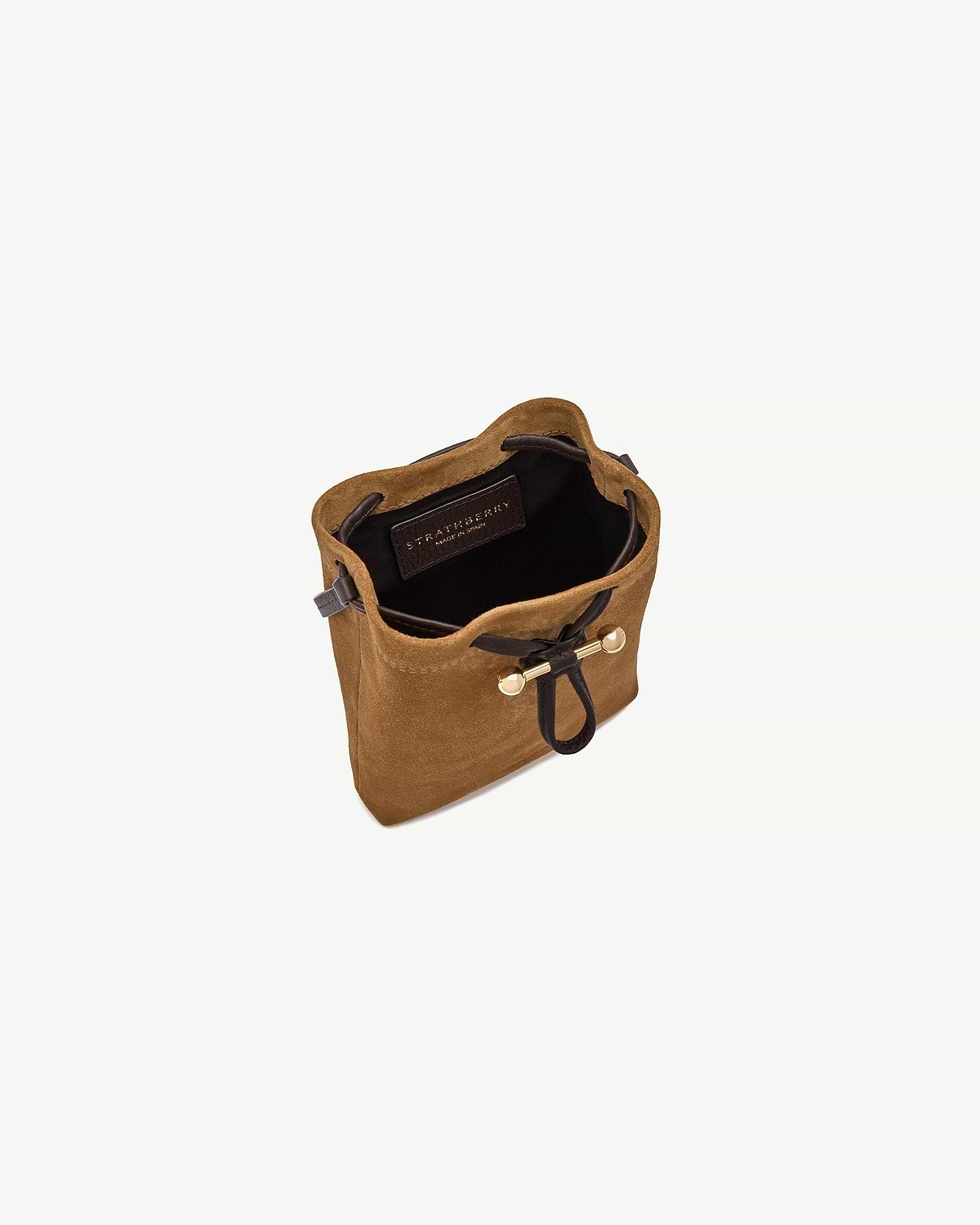 Toffee suede Osette midi pouch with espresso drawstring and Strathberry label inside.