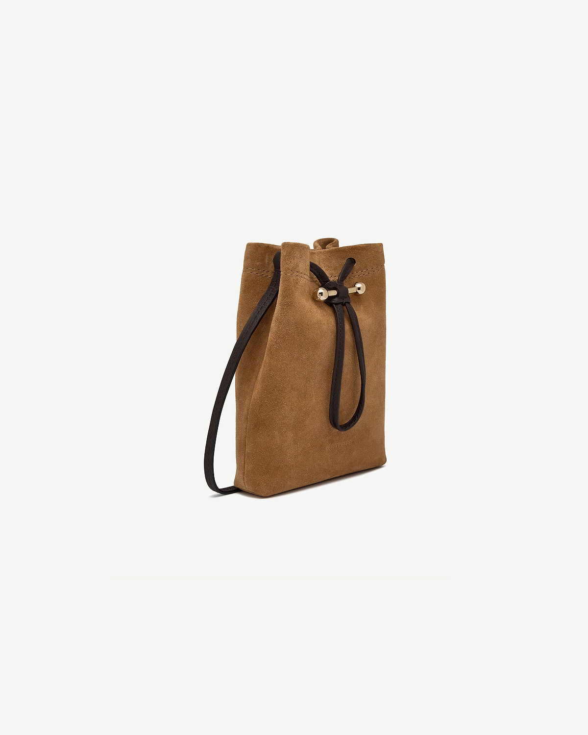 Toffee suede midi pouch with espresso drawstring and gold hardware, side view