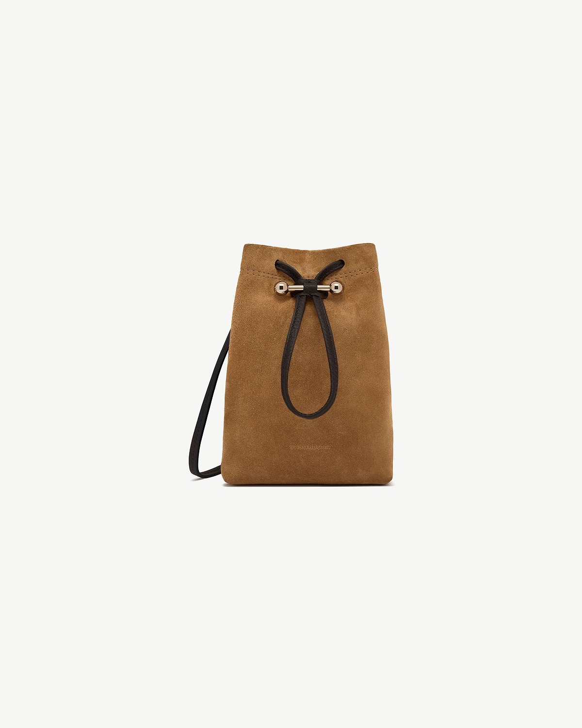 Toffee suede midi pouch with espresso drawstring and gold-tone hardware