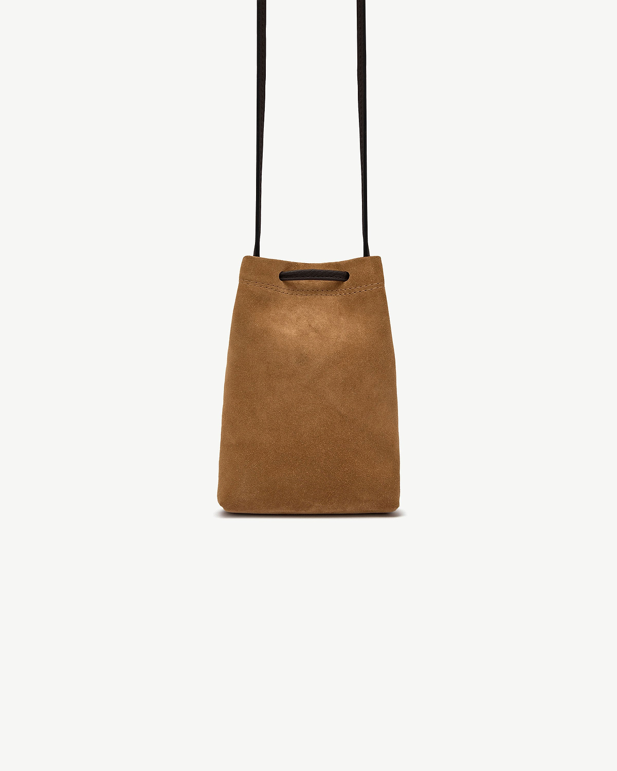 Toffee suede Osette midi pouch with espresso strap hanging against a plain white background.